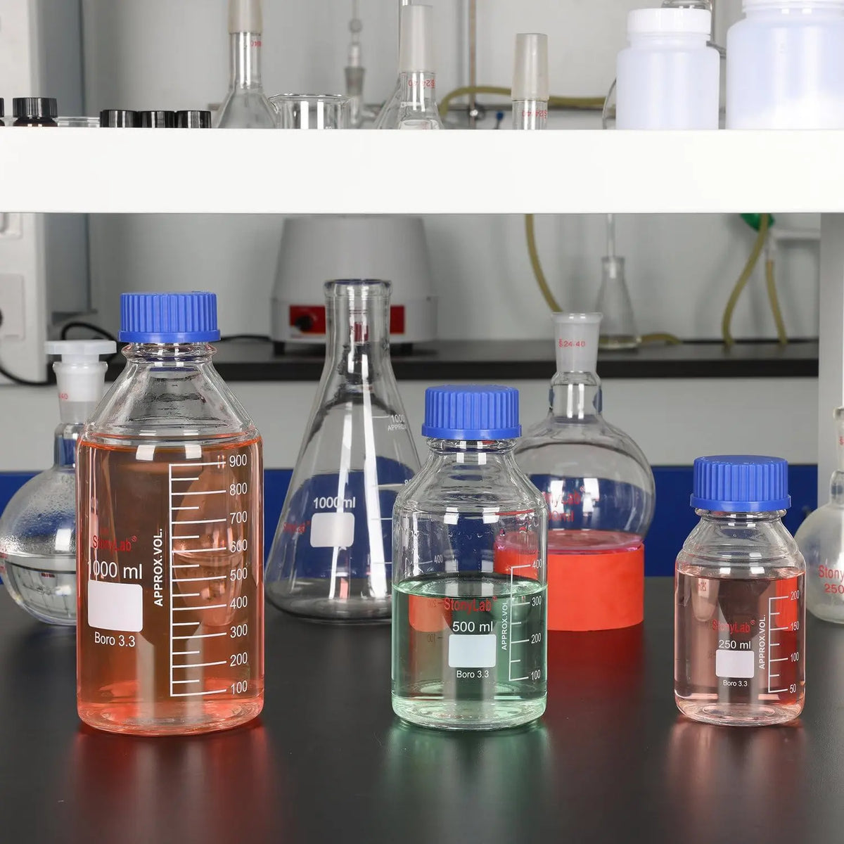 Comprehensive product view and setup components for StonyLab Media Storage Bottles with GL45 Blue Screw Cap