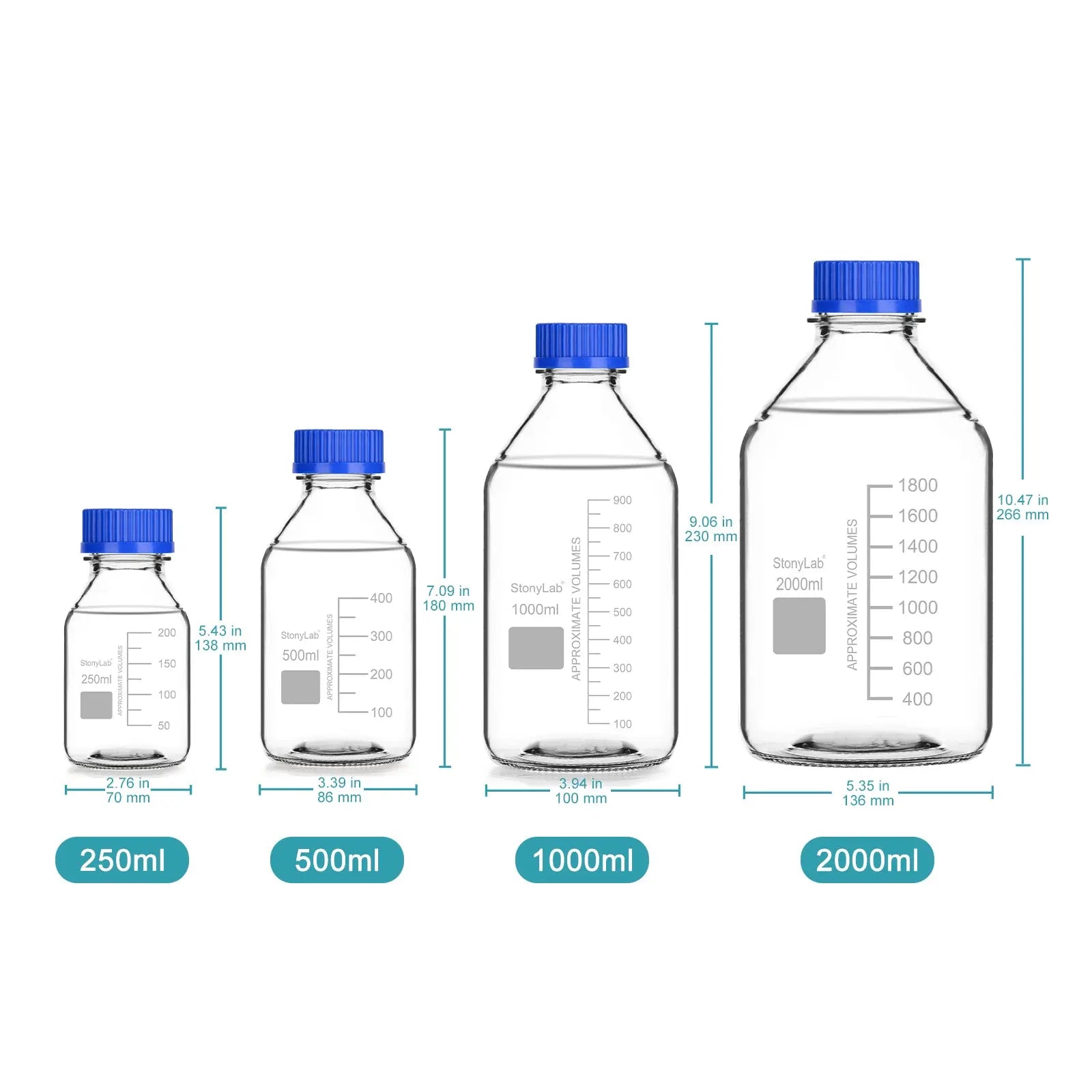 Close-up view showing the precise design and material of StonyLab Media Storage Bottles with GL45 Blue Screw Cap