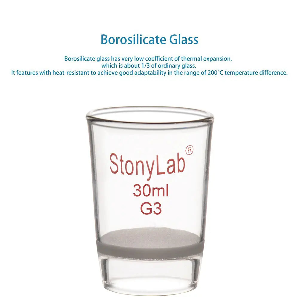 Laboratory glass Gooch filter crucible with integrated fritted disc for micro-scale filtration, clarification and particulate retention StonyLab