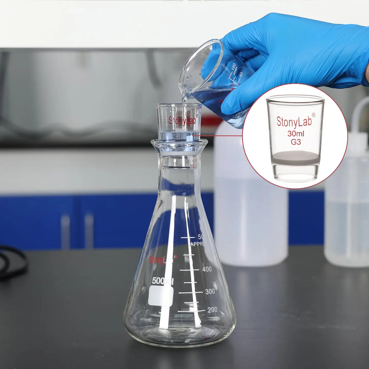 Laboratory glass Gooch filter crucible with integrated fritted disc for micro-scale filtration, clarification and particulate retention StonyLab