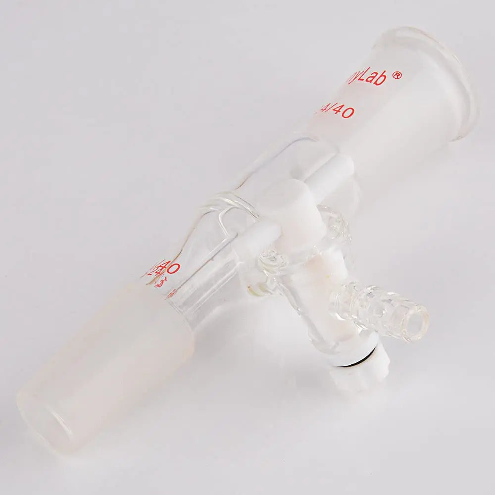 Alternative angle showing underlying build quality of StonyLab Glass Vacuum Flow Control Adapter with Side PTFE Stopcock
