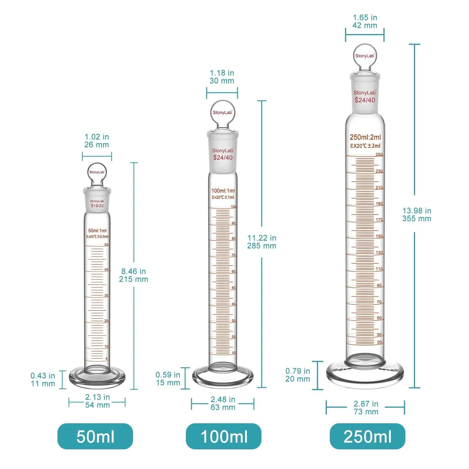Close-up view showing the precise design and material of StonyLab Graduated Cylinder with Glass Stopper