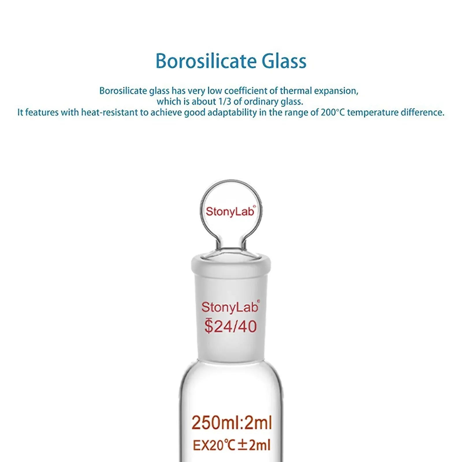 Side view and dimensional layout of the durable StonyLab Graduated Cylinder with Glass Stopper