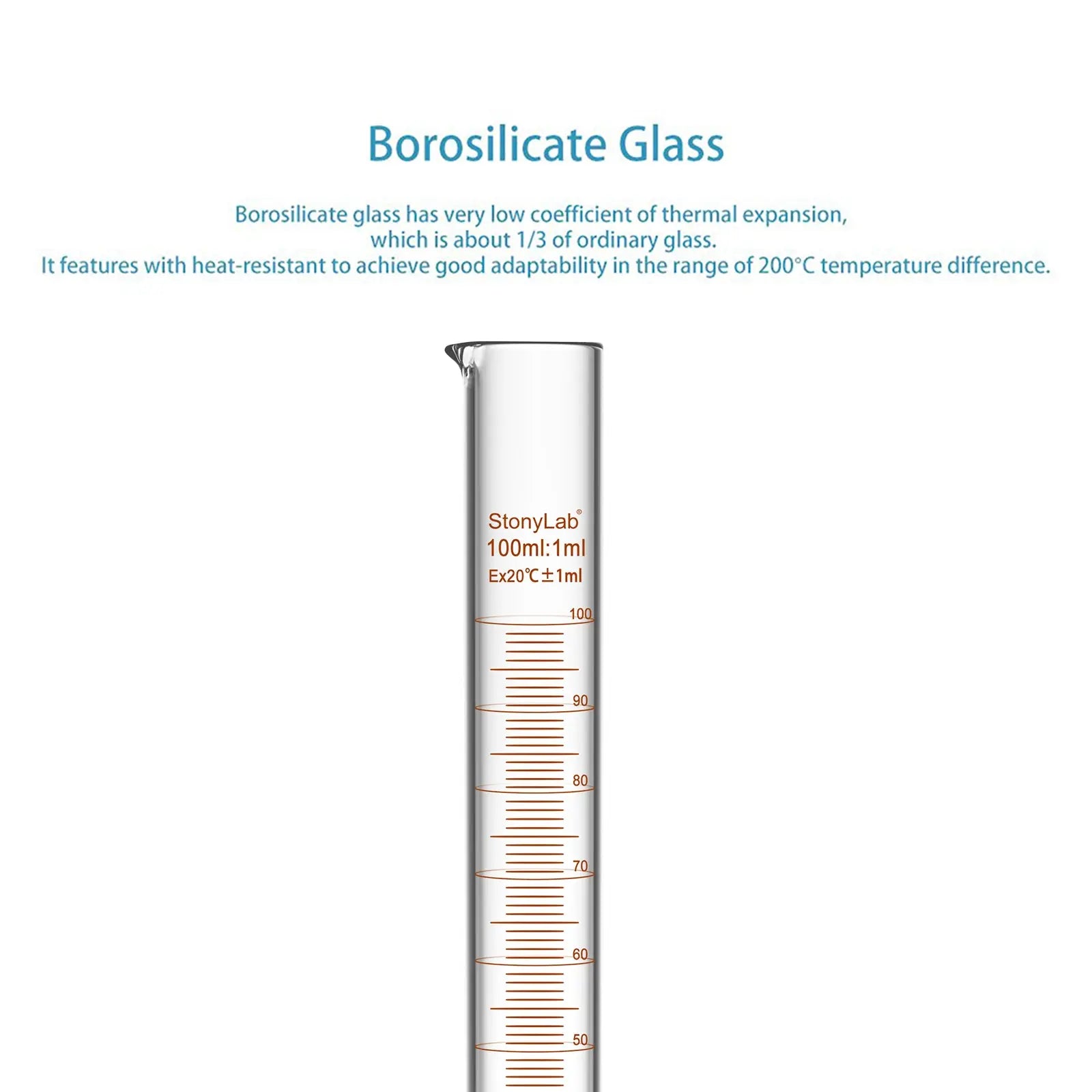 Side view and dimensional layout of the durable StonyLab Graduated Cylinder with Hexagonal Base