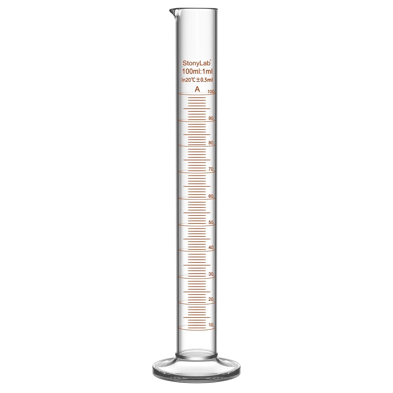 Laboratory graduated cylinder Class A accuracy borosilicate glass measuring cylinder with clear graduation scale for chemical experiments and liquid measurement StonyLab, 100 ml