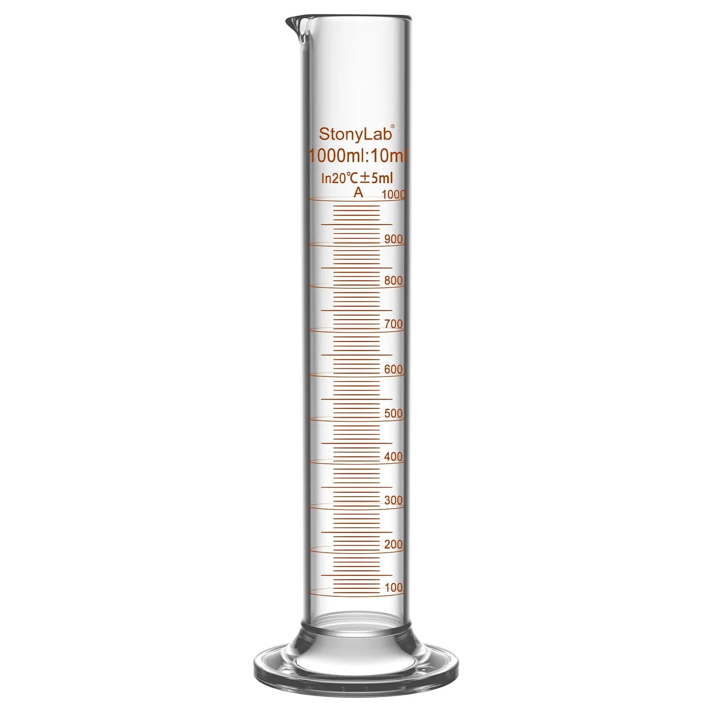 Laboratory graduated cylinder Class A accuracy borosilicate glass measuring cylinder with clear graduation scale for chemical experiments and liquid measurement StonyLab, 1000 ml