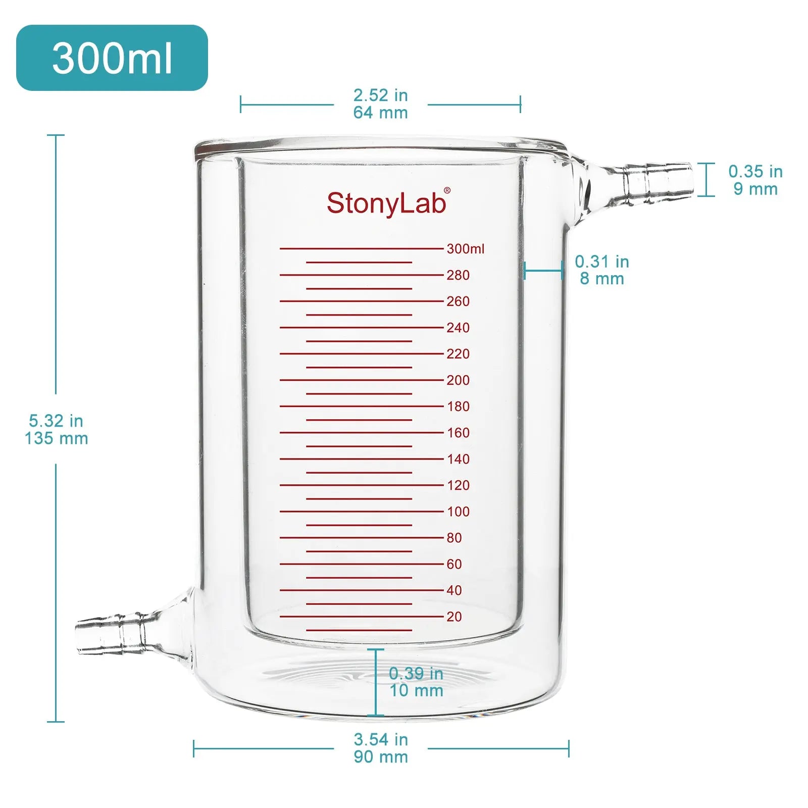 Side view and dimensional layout of the durable StonyLab Graduated Jacketed Beaker