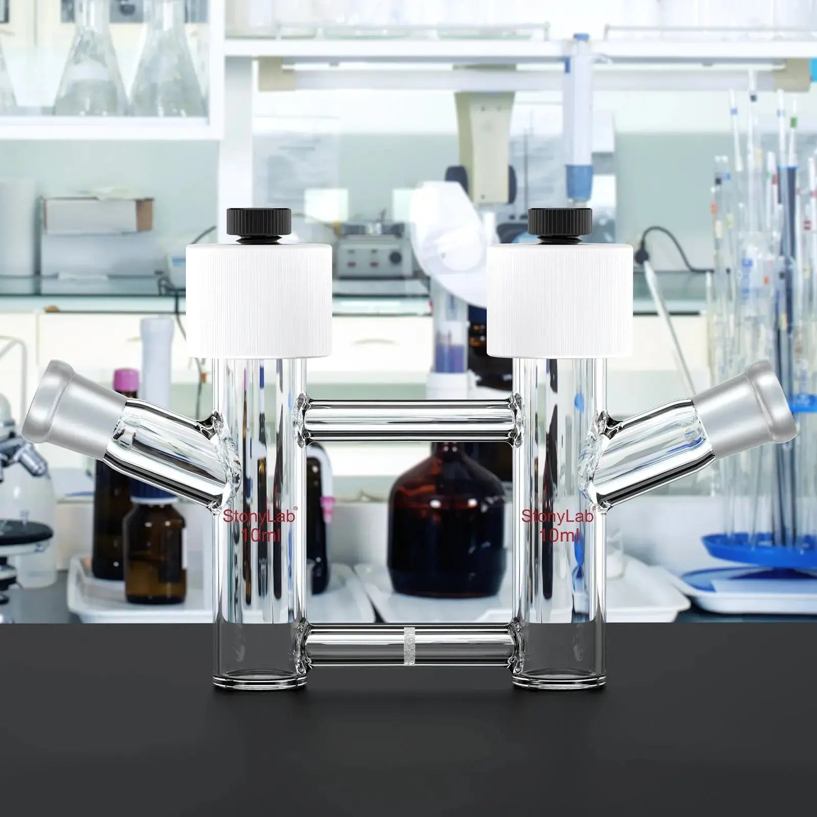 Comprehensive product view and setup components for StonyLab H-Type Electrolytic Cells with Fine Glass Frit Salt Bridge