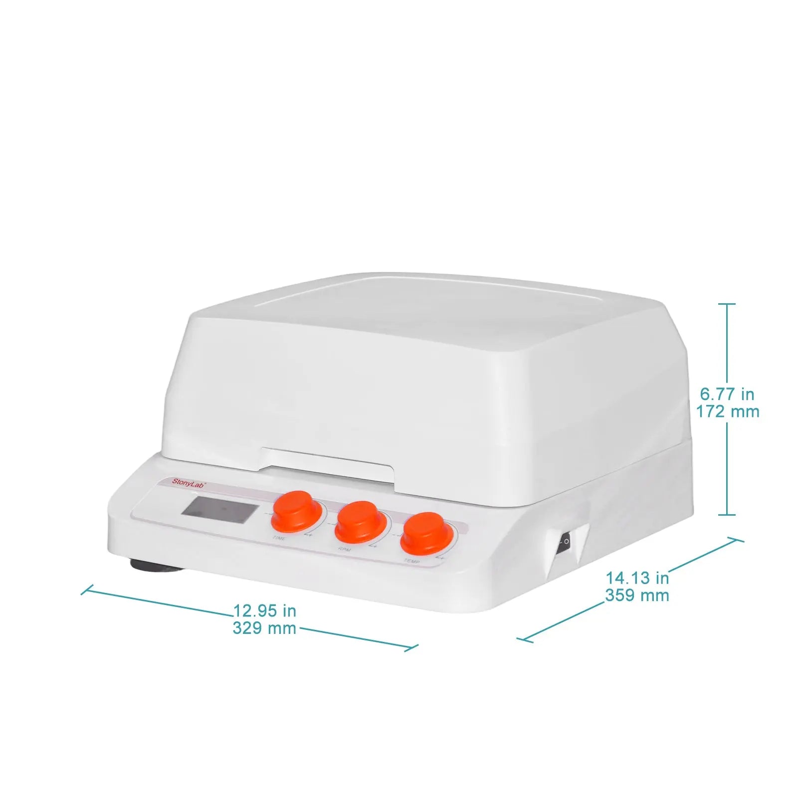 Side view and dimensional layout of the durable StonyLab Heated Microplate Shaker
