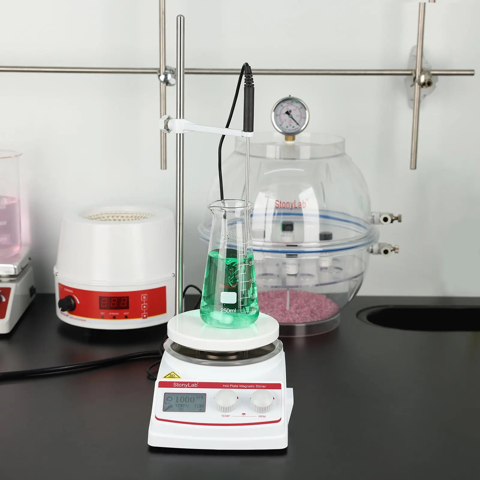 Comprehensive product view and setup components for StonyLab Digital Heating Magnetic Stirrer with Temperature Sensor
