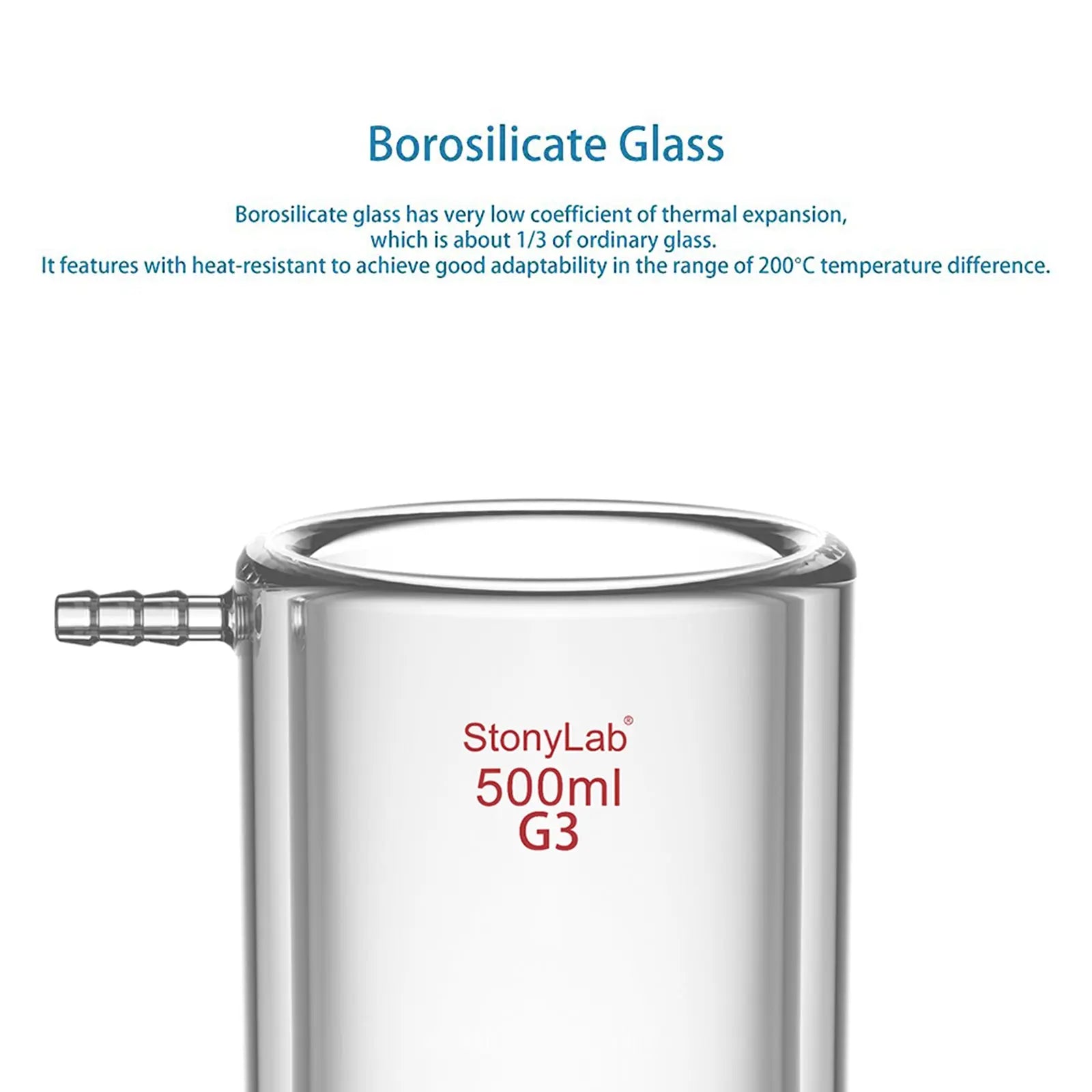 Side view and dimensional layout of the durable StonyLab Jacketed Buchner Filter Funnel