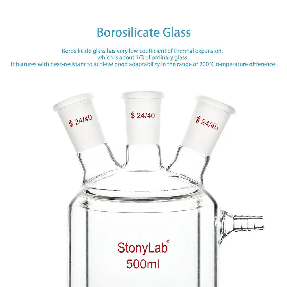 Side view and dimensional layout of the durable StonyLab Jacketed Reaction Flask