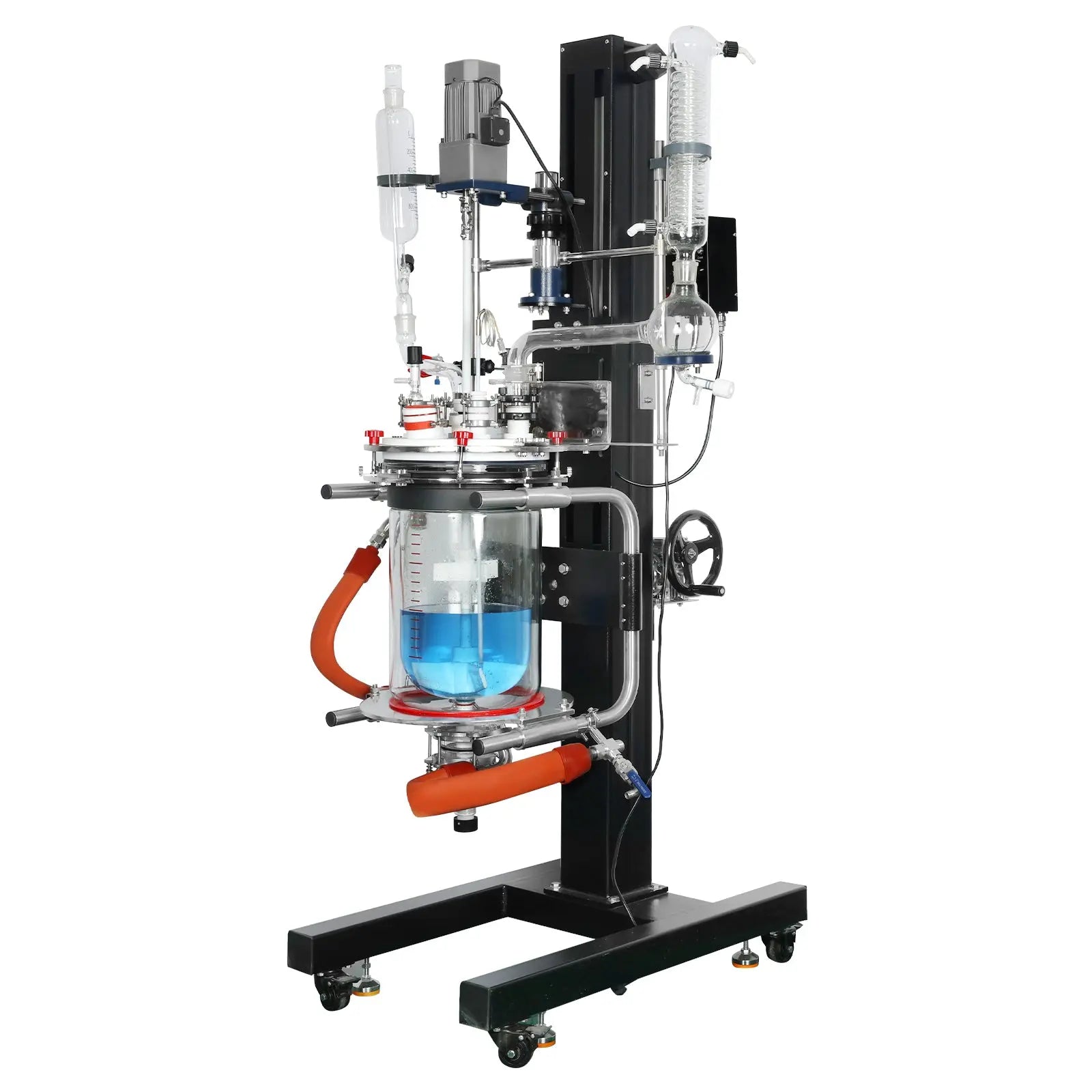 Side view and dimensional layout of the durable StonyLab 10L Jacketed Glass Reactor System with Lifting and Rotary Mixing Function