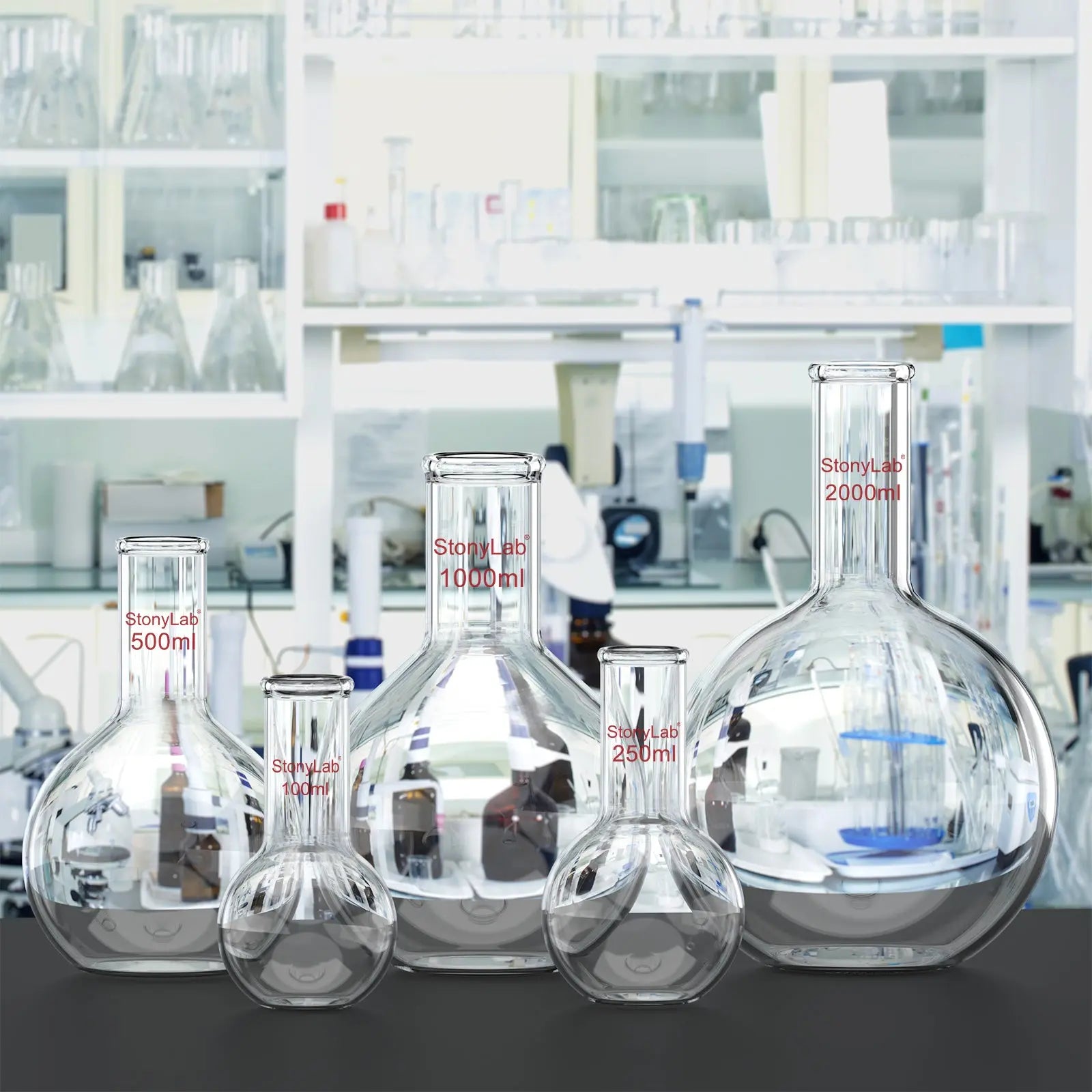 Comprehensive product view and setup components for StonyLab Long Neck Flat Bottom Flask