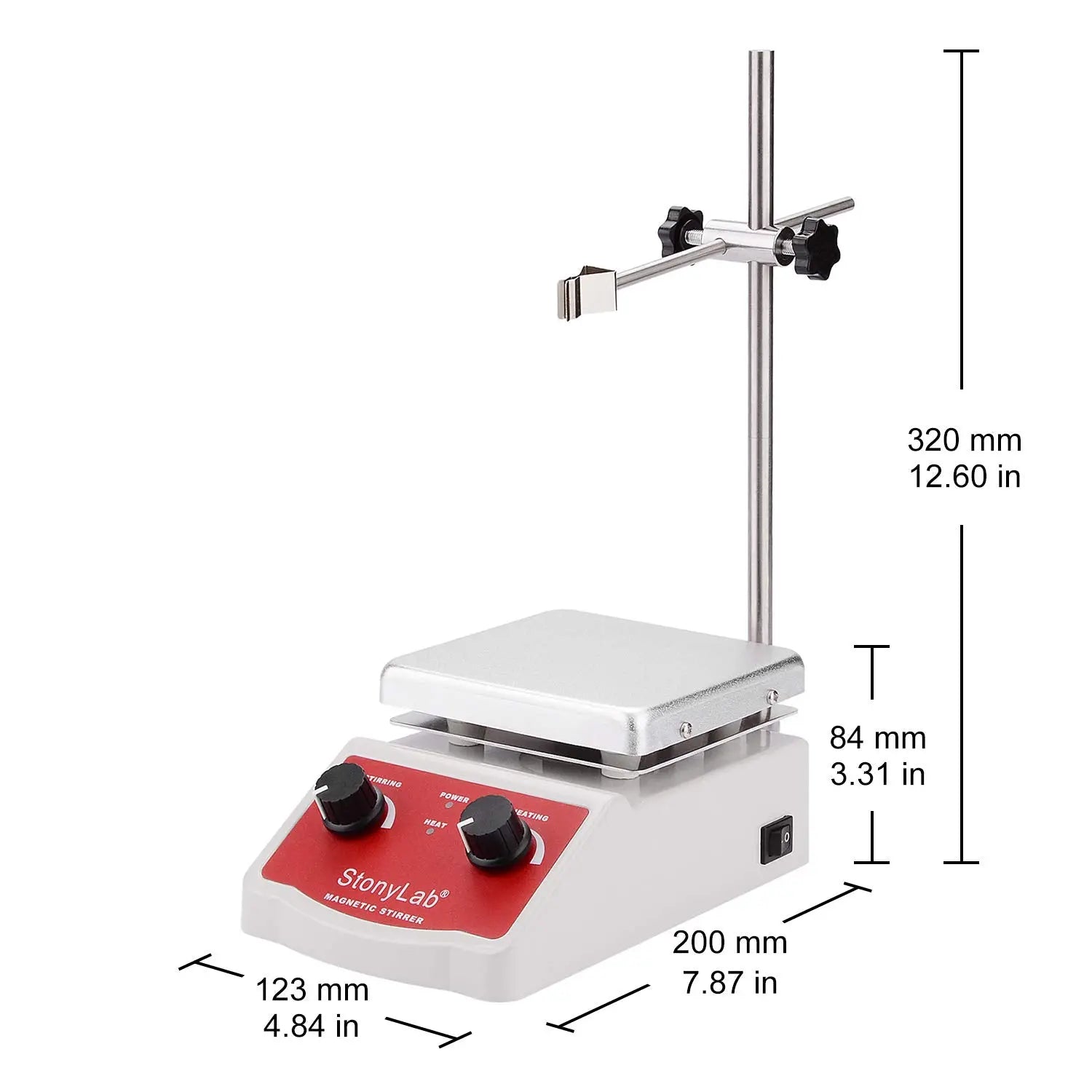 Side view and dimensional layout of the durable StonyLab Heating Magnetic Stirrer