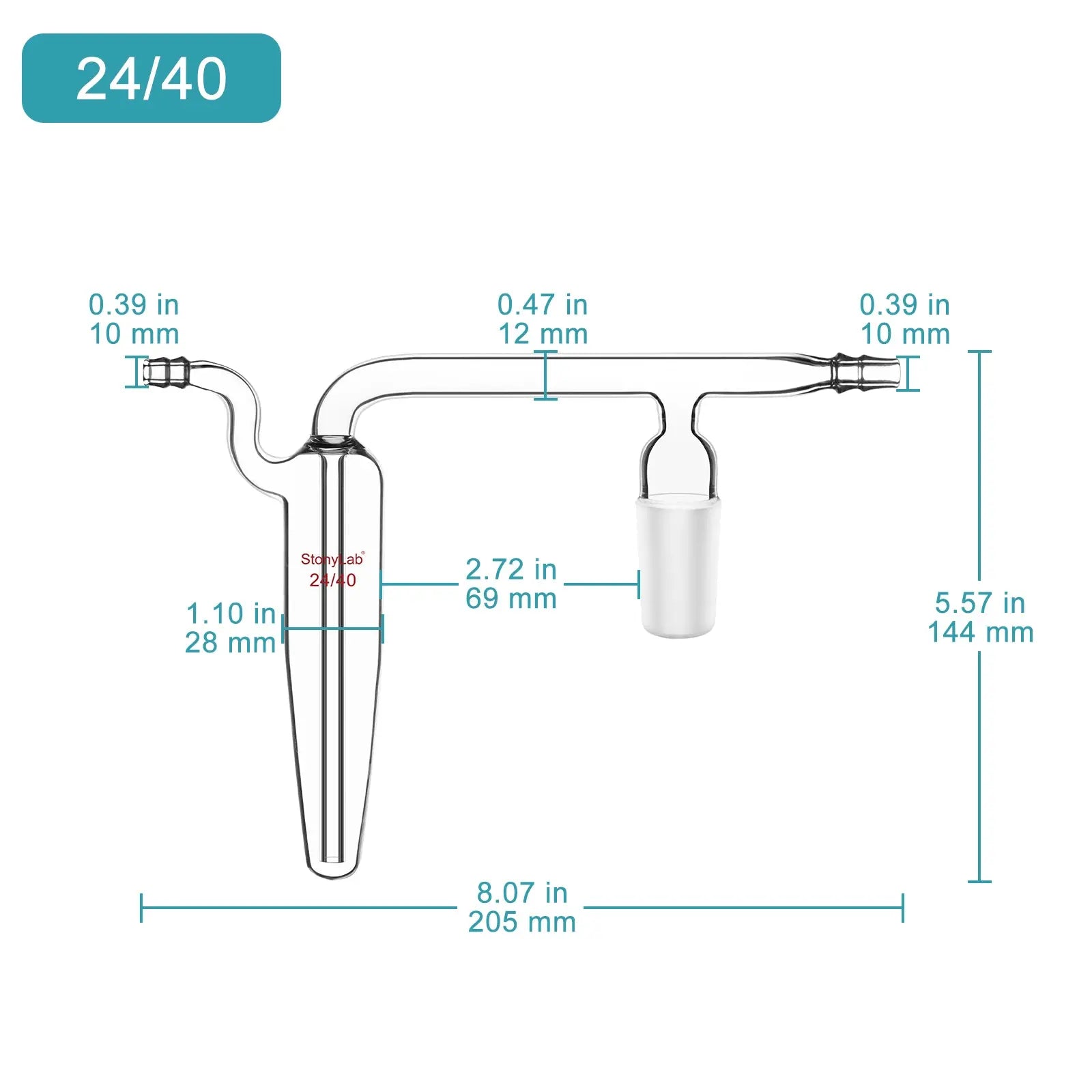 Side view and dimensional layout of the durable StonyLab Oil Bubbler with 24