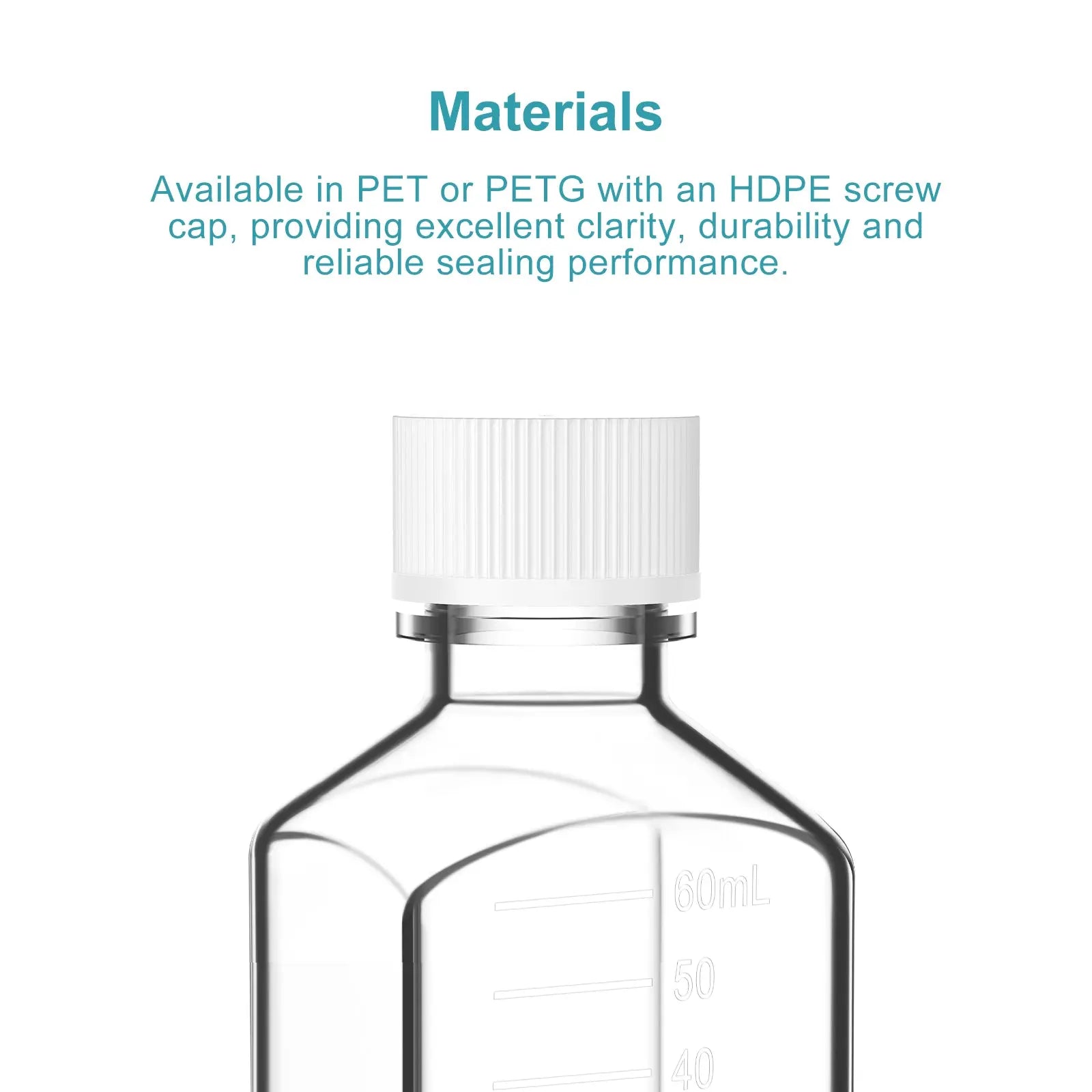 PET PETG square media bottle sterile leak-resistant laboratory bottle with HDPE cap 30–1000 ml capacity StonyLab