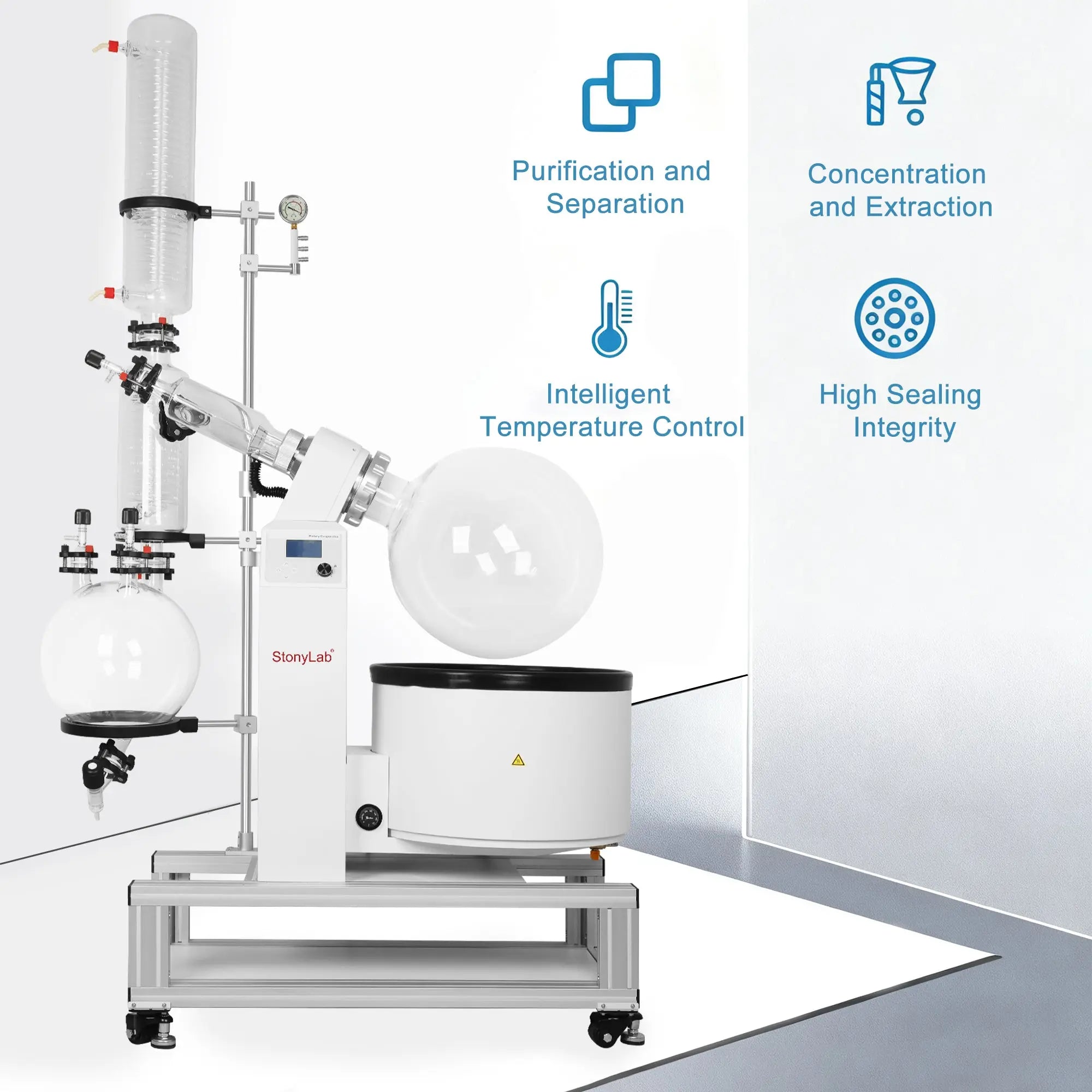Side view and dimensional layout of the durable StonyLab Pilot-scale Rotary Evaporator