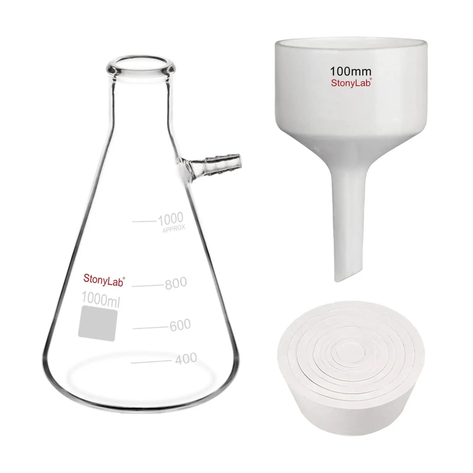Side view and dimensional layout of the durable StonyLab Porcelain Buchner Funnel Filtration Kits