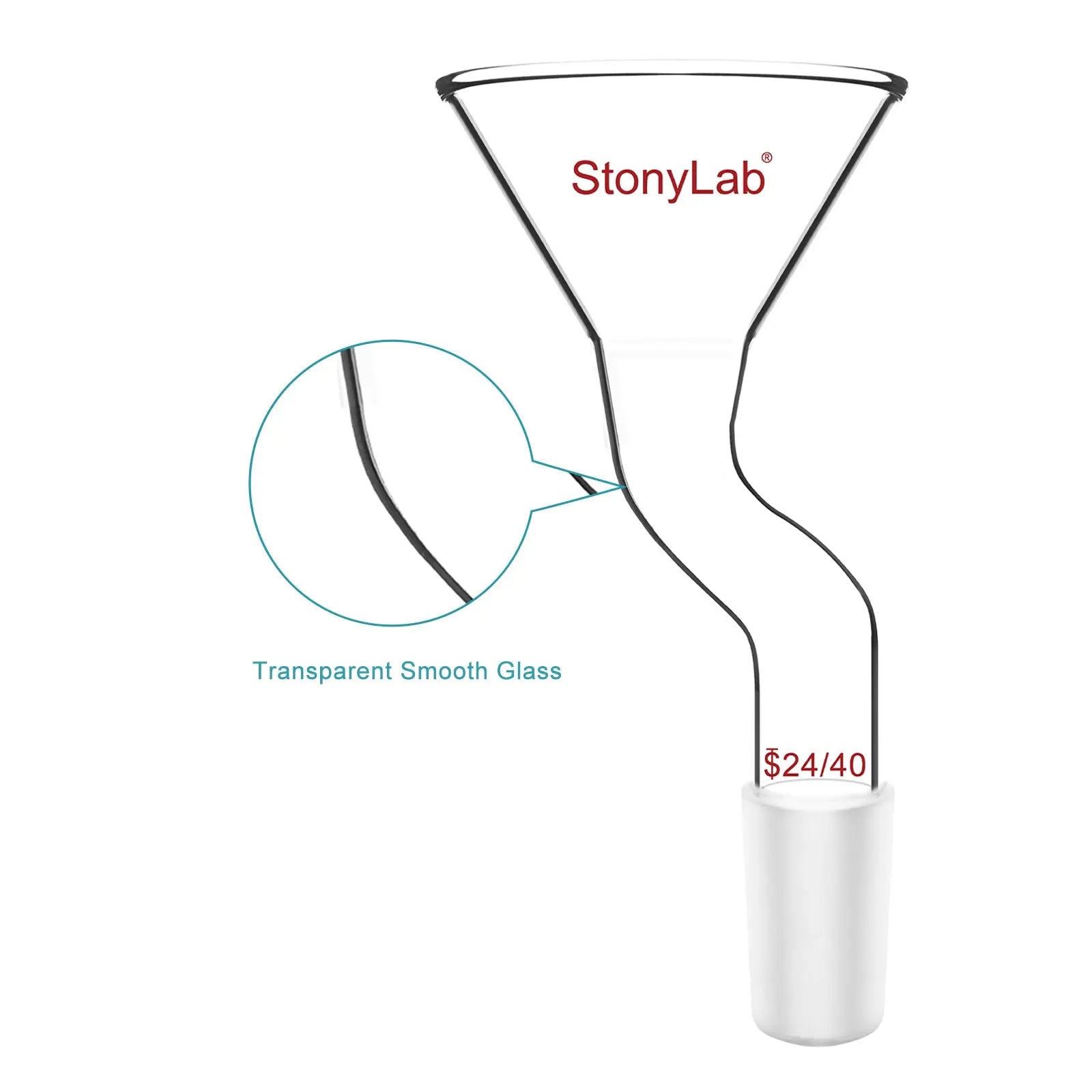 Side view and dimensional layout of the durable StonyLab Powder Funnel with Offset Design