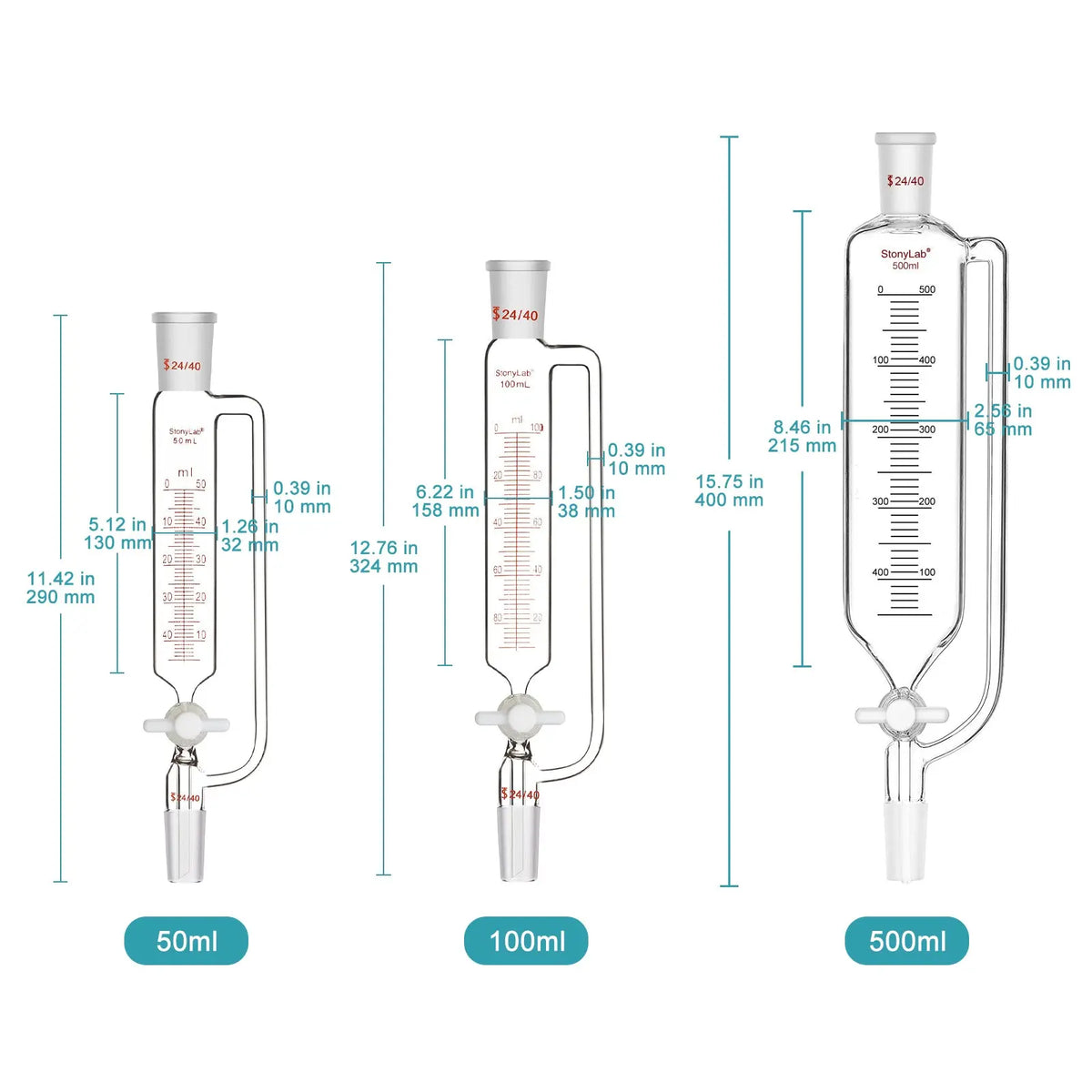 Pressure Equalizing Graduated Addition Funnel with 24/40 Joints, PTFE Stopcock, 50-500 ml Funnels-Pressure Equalizing Addition