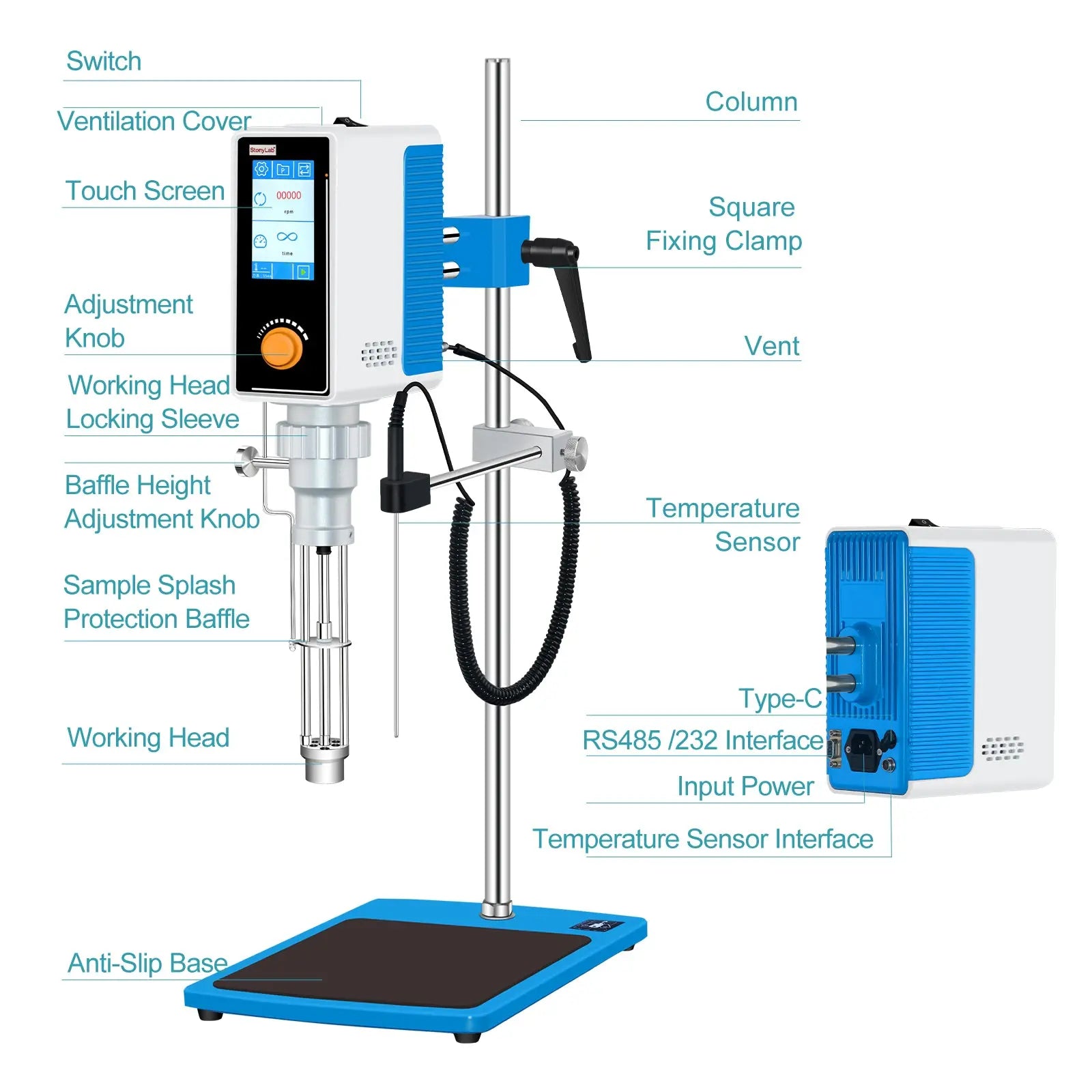 Side view and dimensional layout of the durable StonyLab Programmable Emulsifying Dispersing Homogenizer