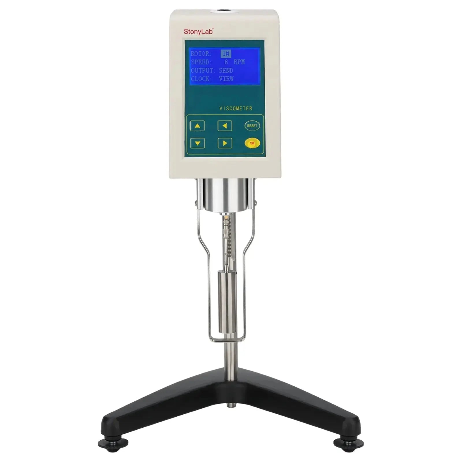 Side view and dimensional layout of the durable StonyLab Rotational Viscometer