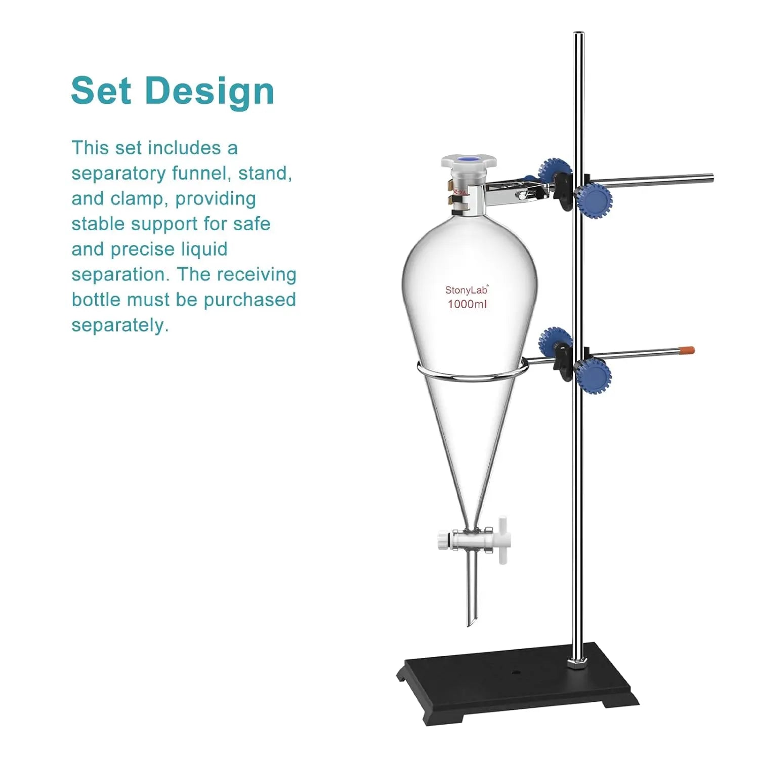 Laboratory separatory funnel stand set 1000 ml borosilicate glass sep funnel with PTFE stopcock for liquid-liquid extraction and chemical separation StonyLab