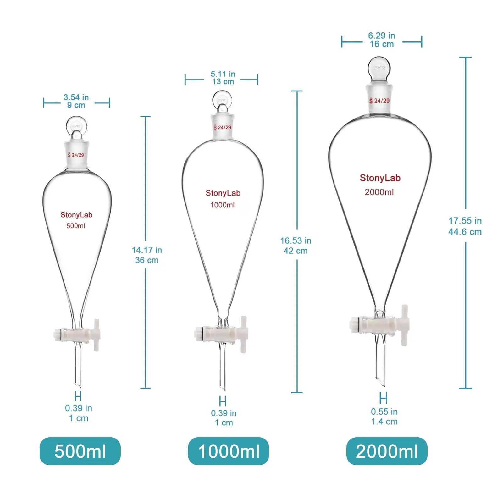 Side view and dimensional layout of the durable StonyLab Separatory Funnel with 24