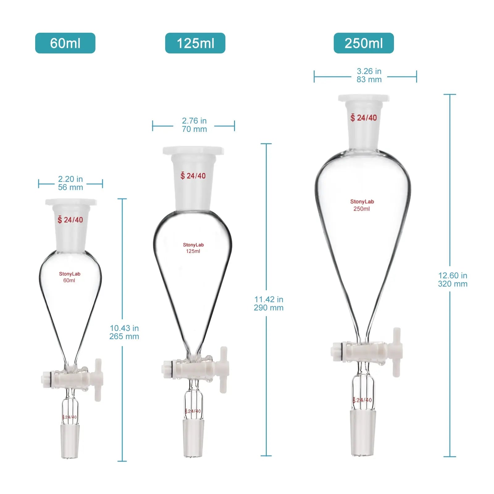Close-up view showing the precise design and material of StonyLab Separatory Funnel with PTFE Stopcock