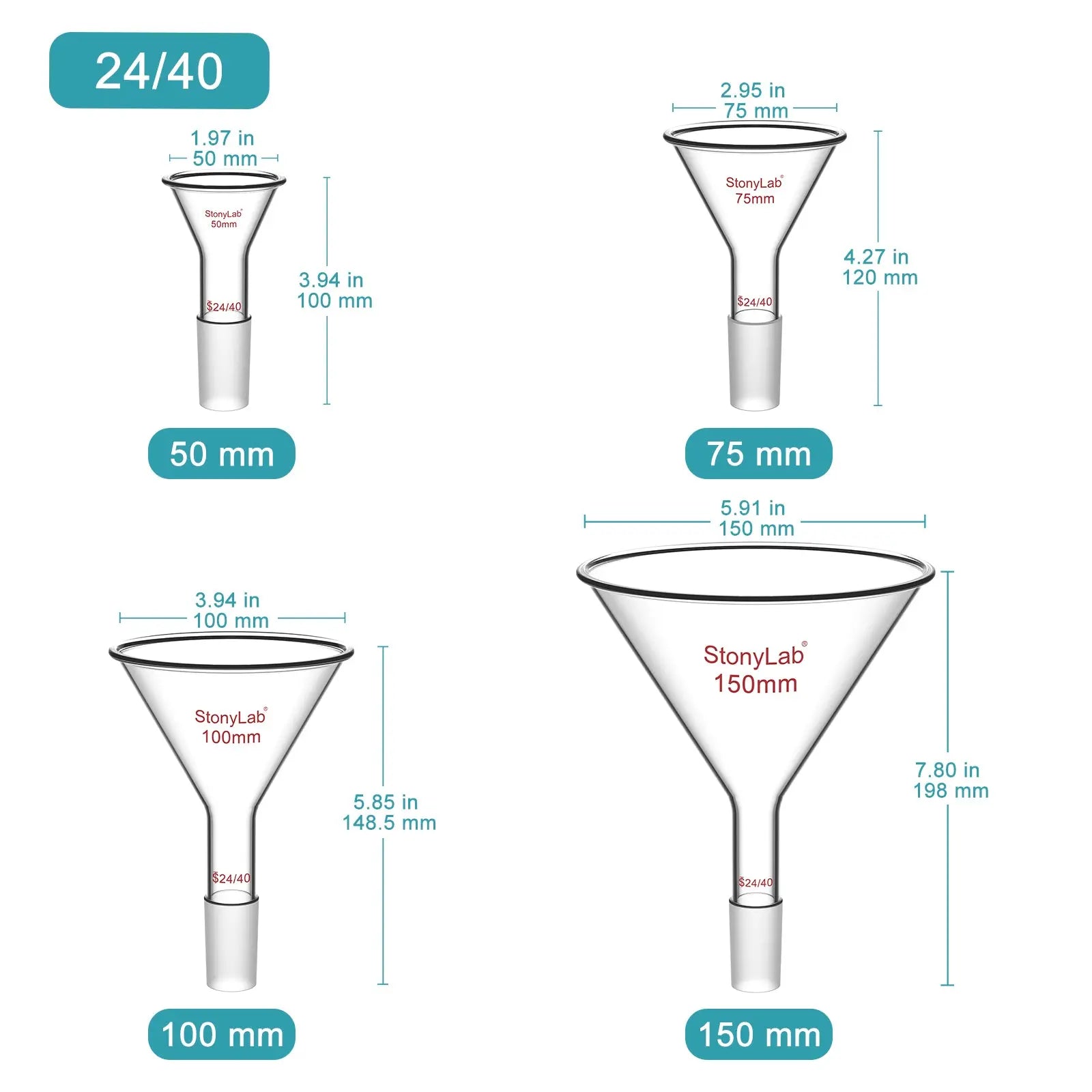 Close-up view showing the precise design and material of StonyLab Short Stem Powder Funnel