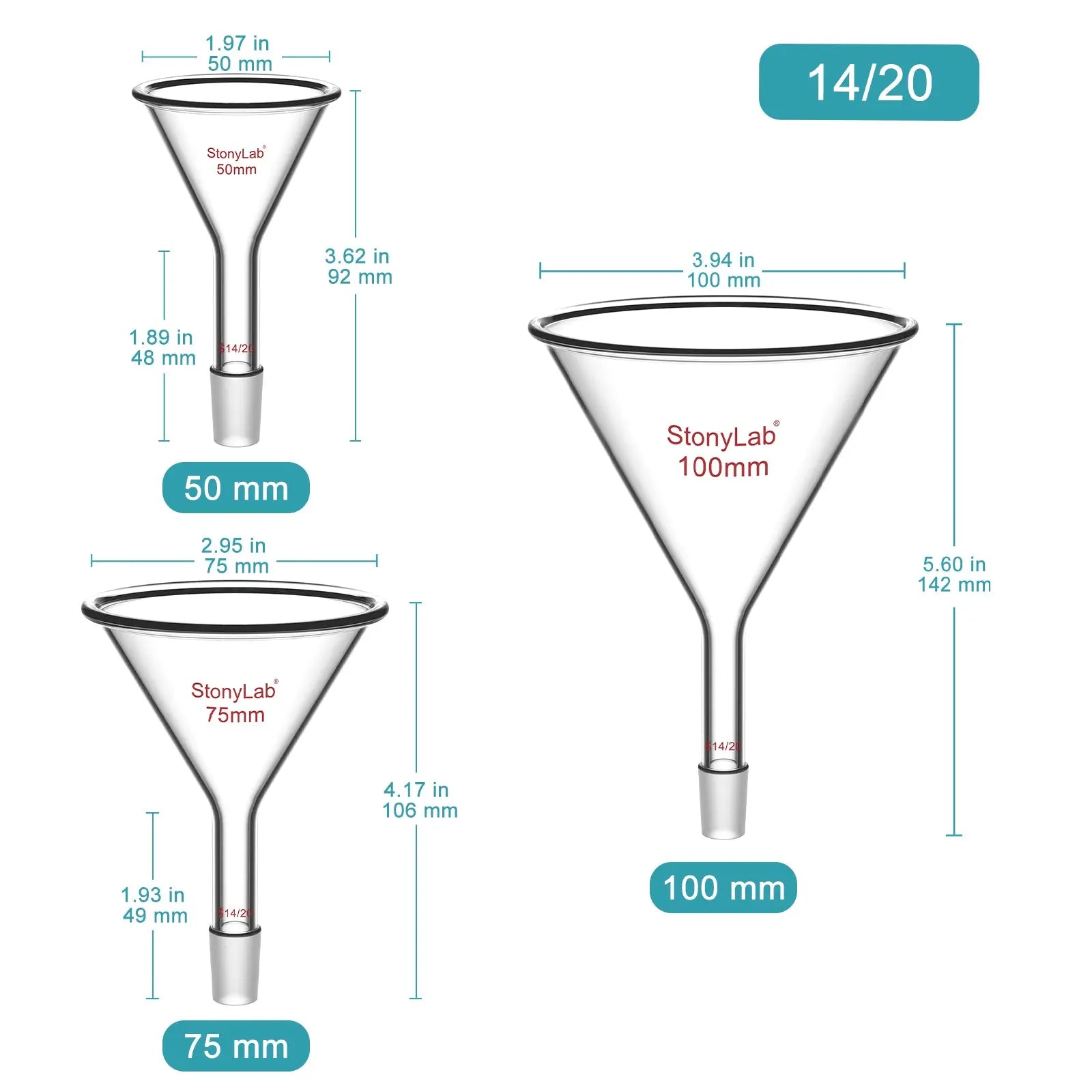 Side view and dimensional layout of the durable StonyLab Short Stem Powder Funnel