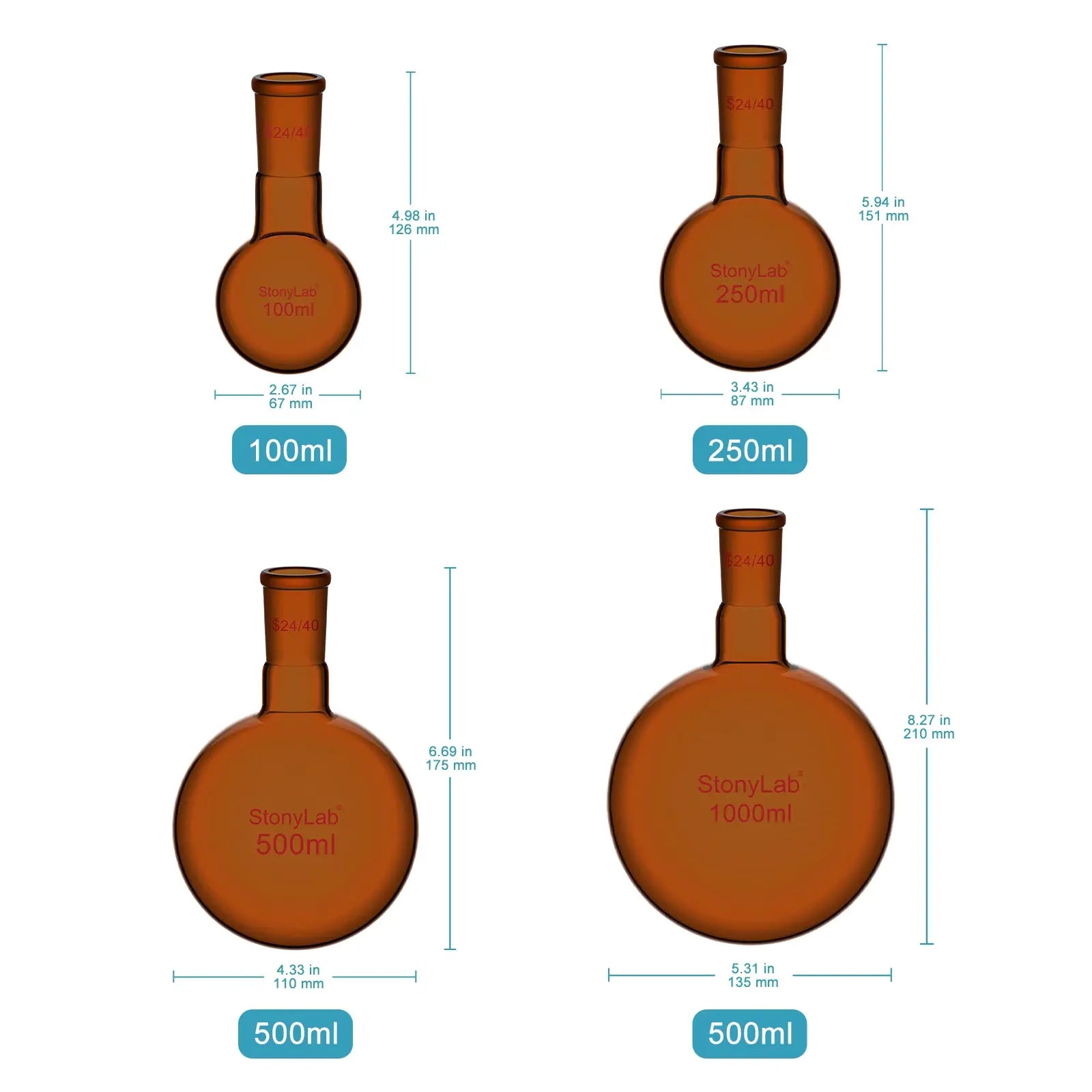 Close-up view showing the precise design and material of StonyLab Single Neck Amber Round Bottom Flask with 24