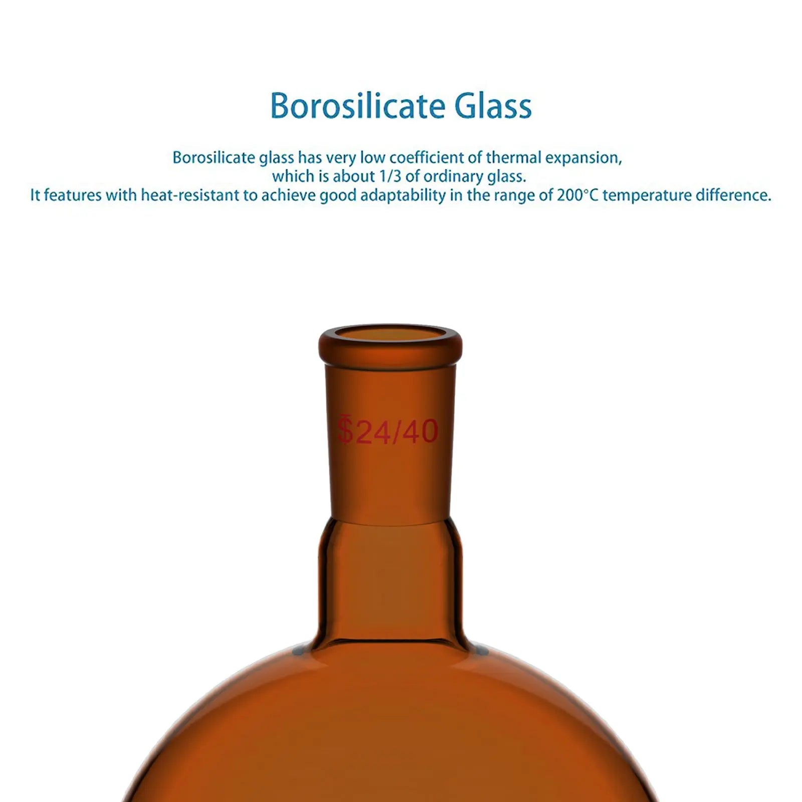 Side view and dimensional layout of the durable StonyLab Single Neck Amber Round Bottom Flask with 24