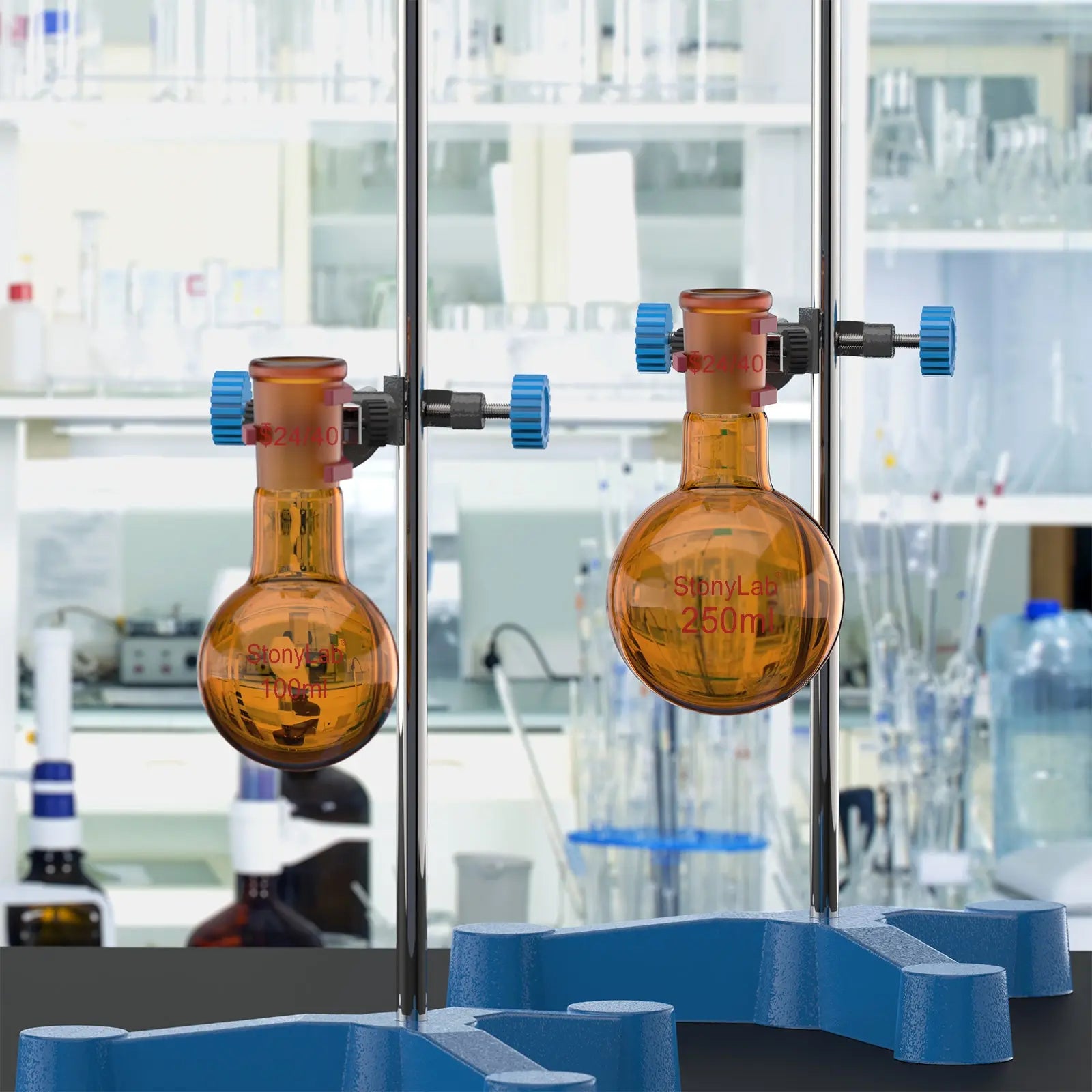 Comprehensive product view and setup components for StonyLab Single Neck Amber Round Bottom Flask with 24