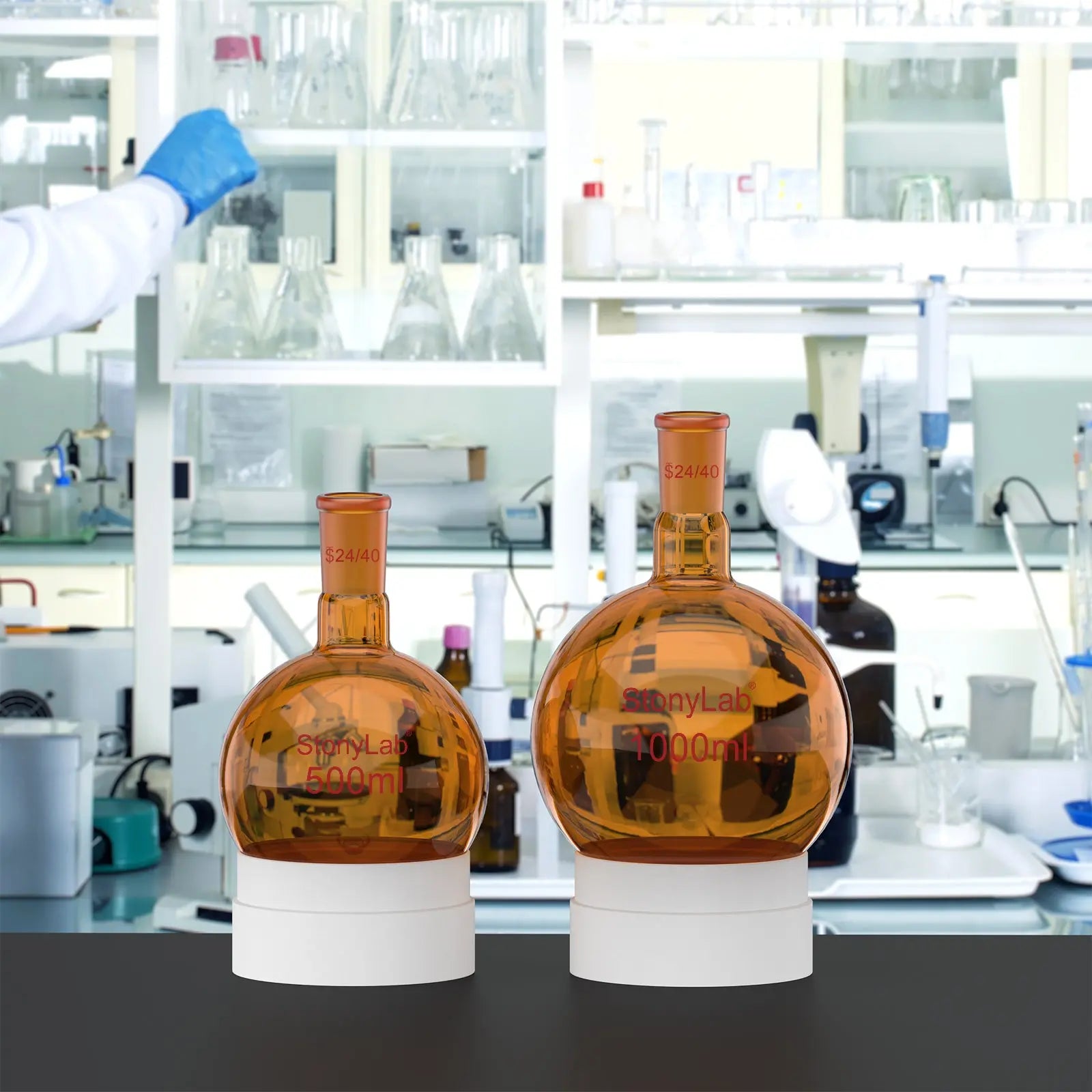 Comprehensive product view and setup components for StonyLab Single Neck Amber Round Bottom Flask with 24