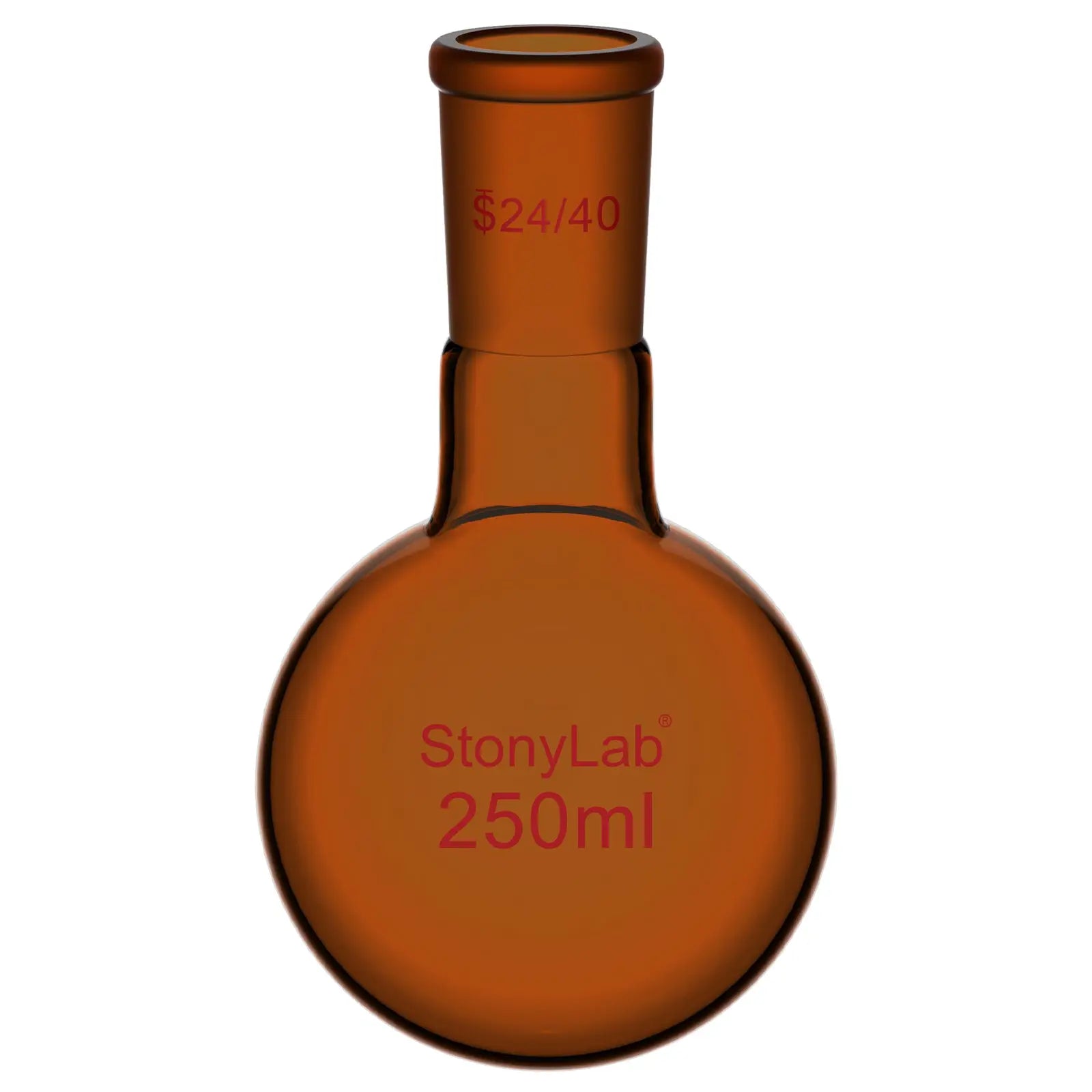 Comprehensive product view and setup components for StonyLab Single Neck Amber Round Bottom Flask with 24