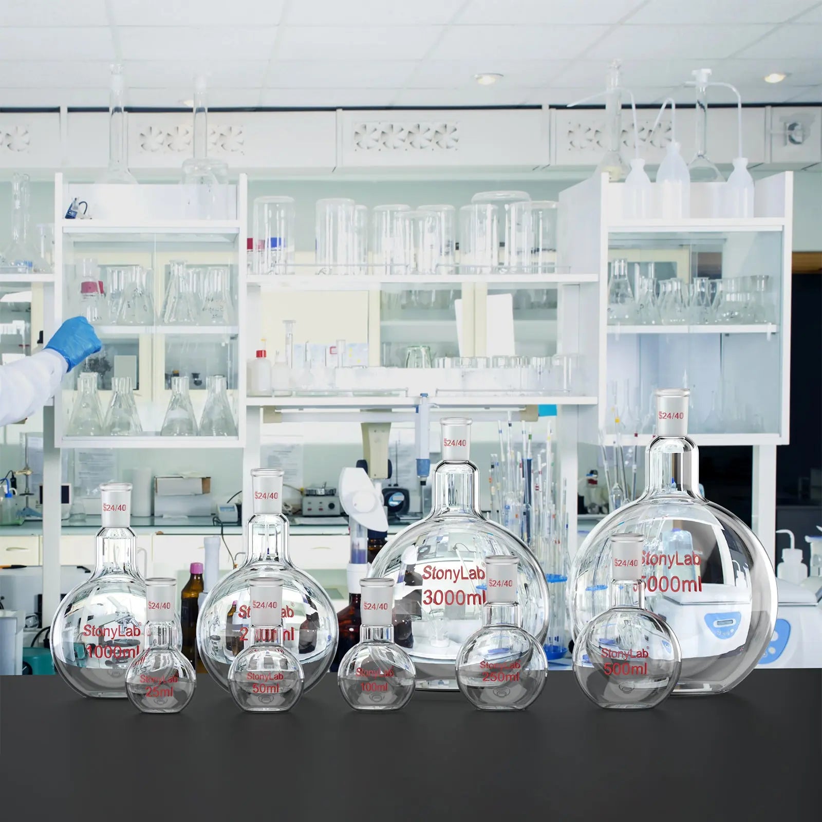 Comprehensive product view and setup components for StonyLab Single Neck Flat Bottom Flask