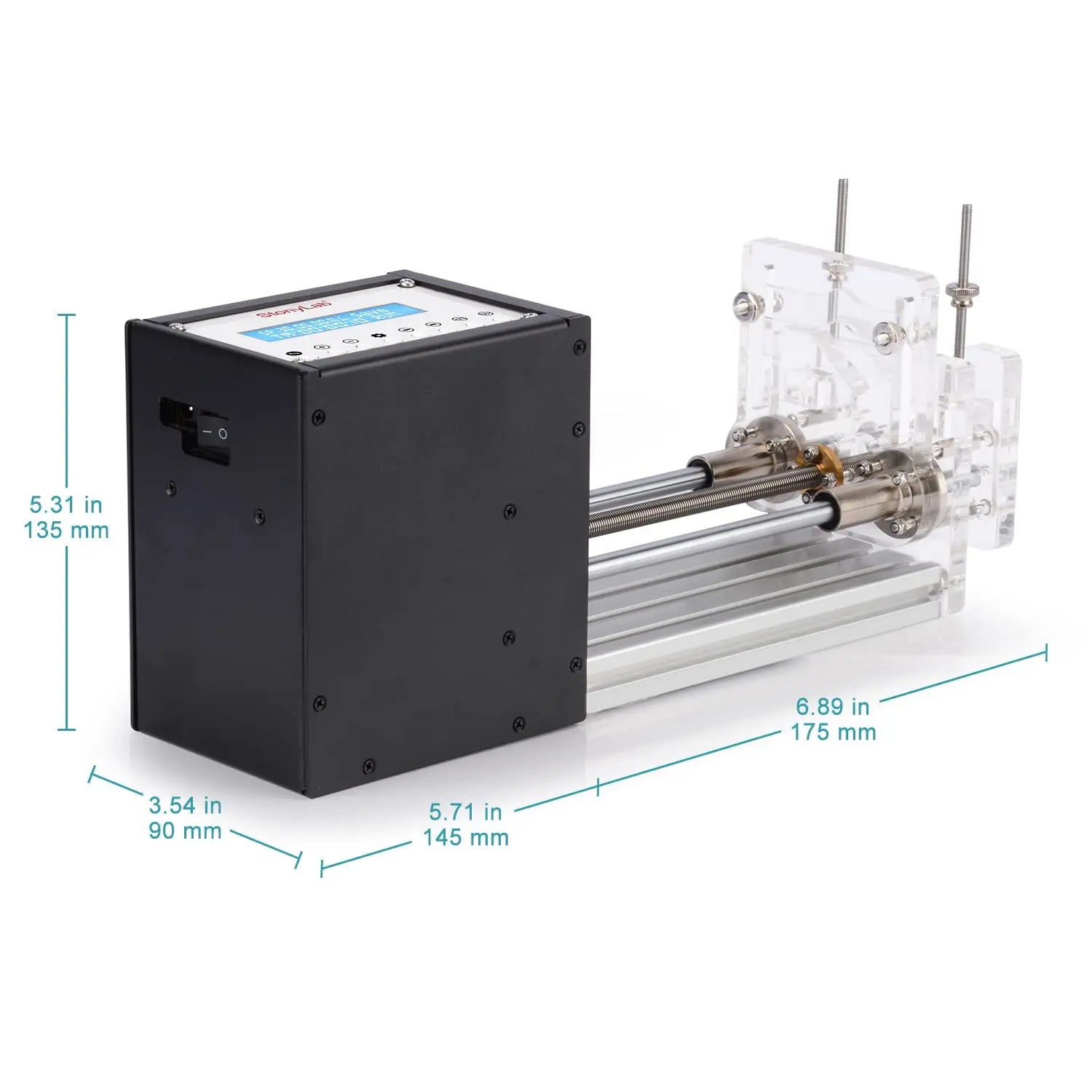 Side view and dimensional layout of the durable StonyLab Single-Channel Syringe Pump for 1-100 ml Syringes