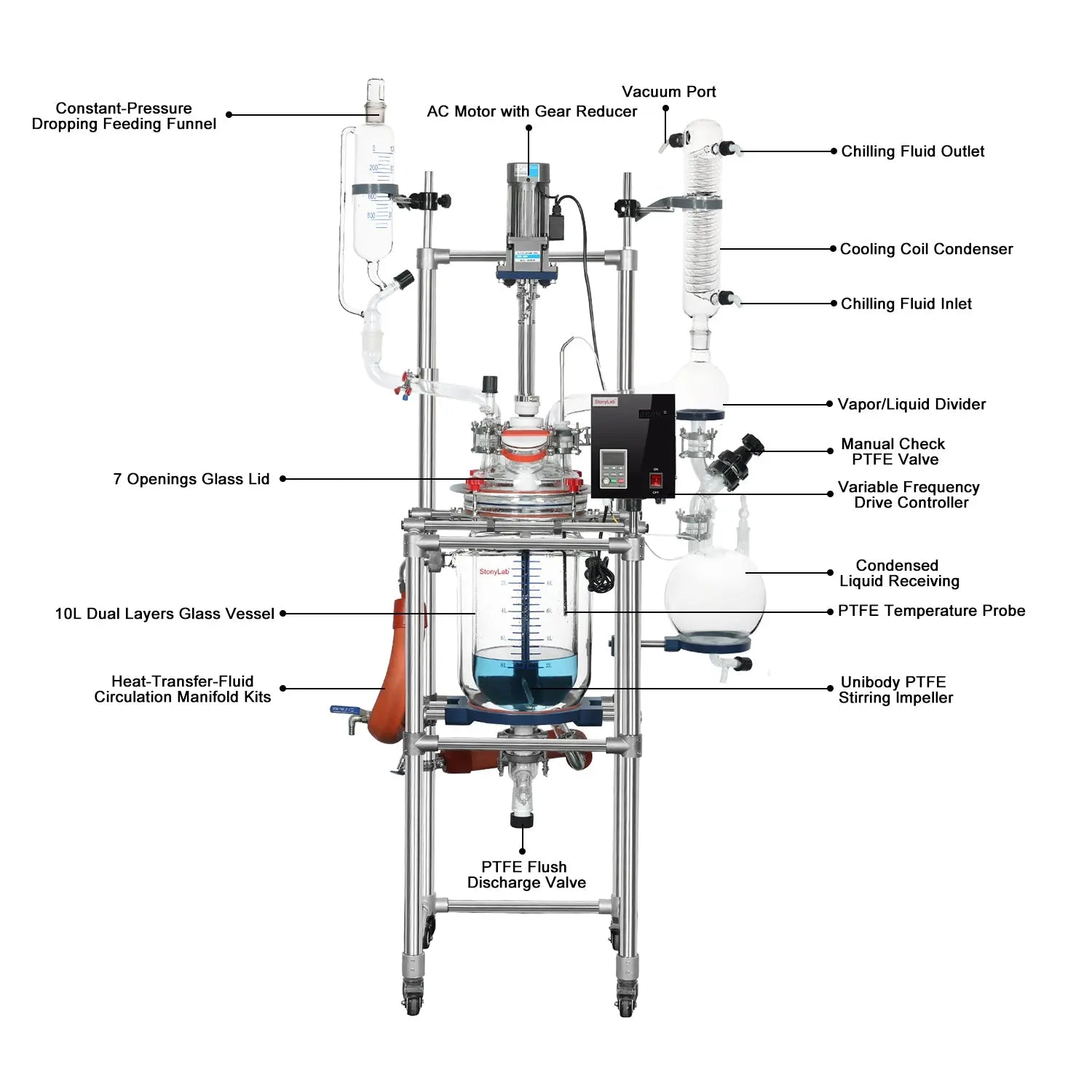 Close-up view showing the precise design and material of StonyLab 10L Jacketed Glass Reactor System for Laboratory Development and Research
