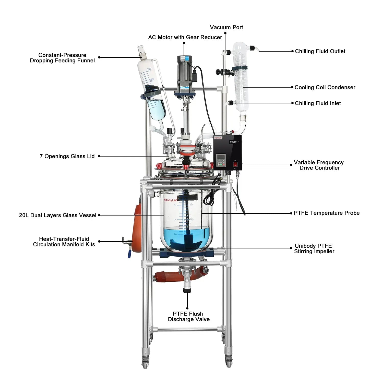 Close-up view showing the precise design and material of StonyLab 20L Jacketed Glass Reactor System for Process Development and Pilot Research