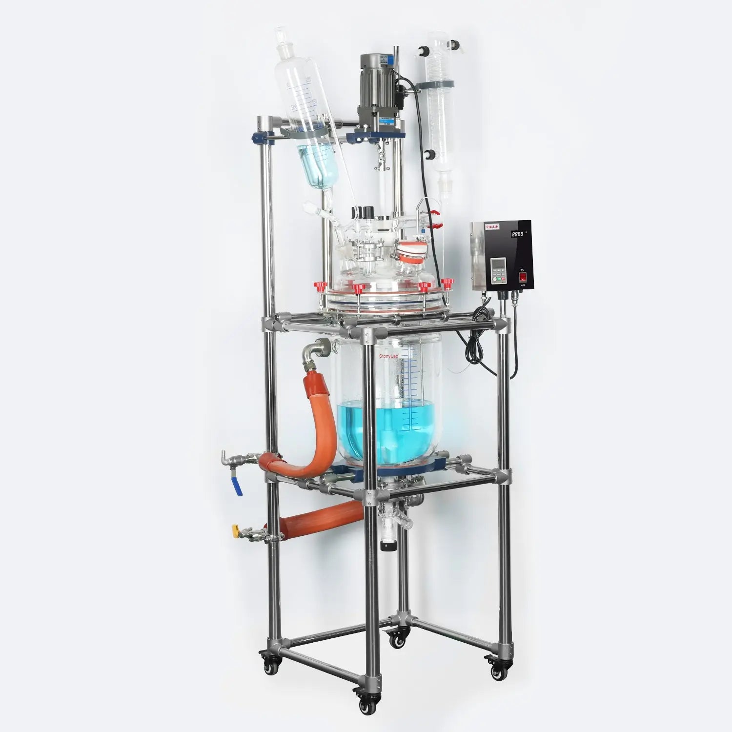 Side view and dimensional layout of the durable StonyLab 20L Jacketed Glass Reactor System for Process Development and Pilot Research