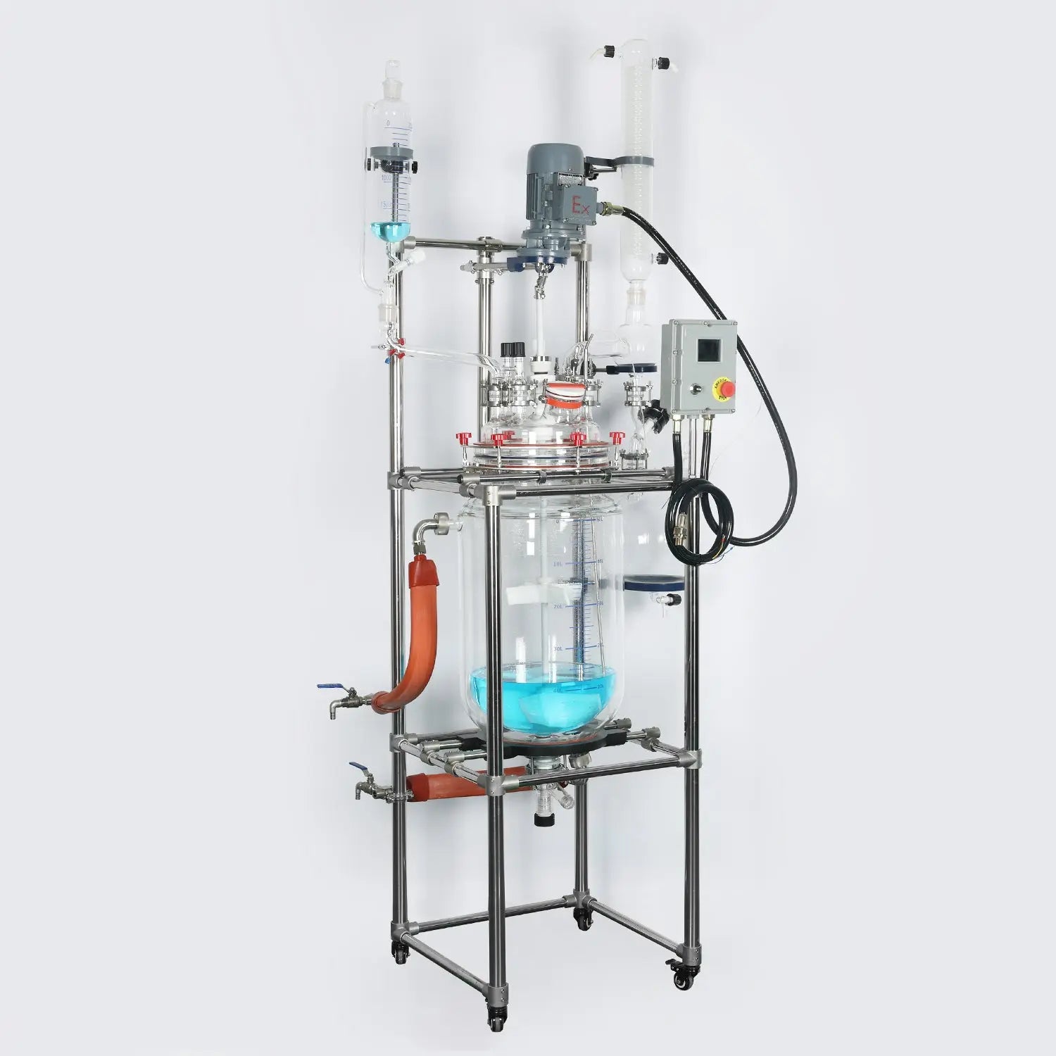 Side view and dimensional layout of the durable StonyLab 50L Jacketed Glass Reactor System for Pilot Plant and Process Development