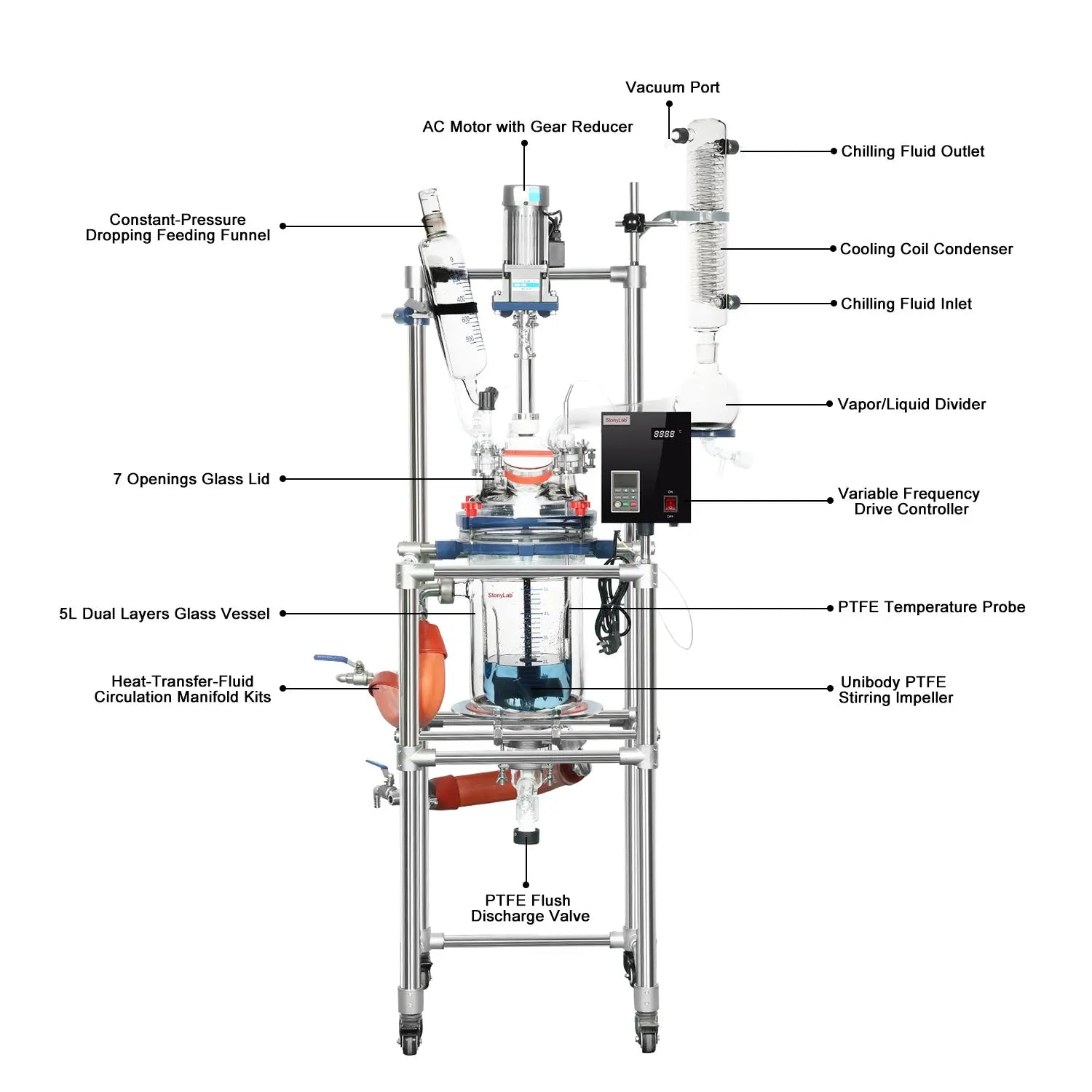 Close-up view showing the precise design and material of StonyLab 5L Jacketed Glass Reactor System for Laboratory Research and Chemical Synthesis