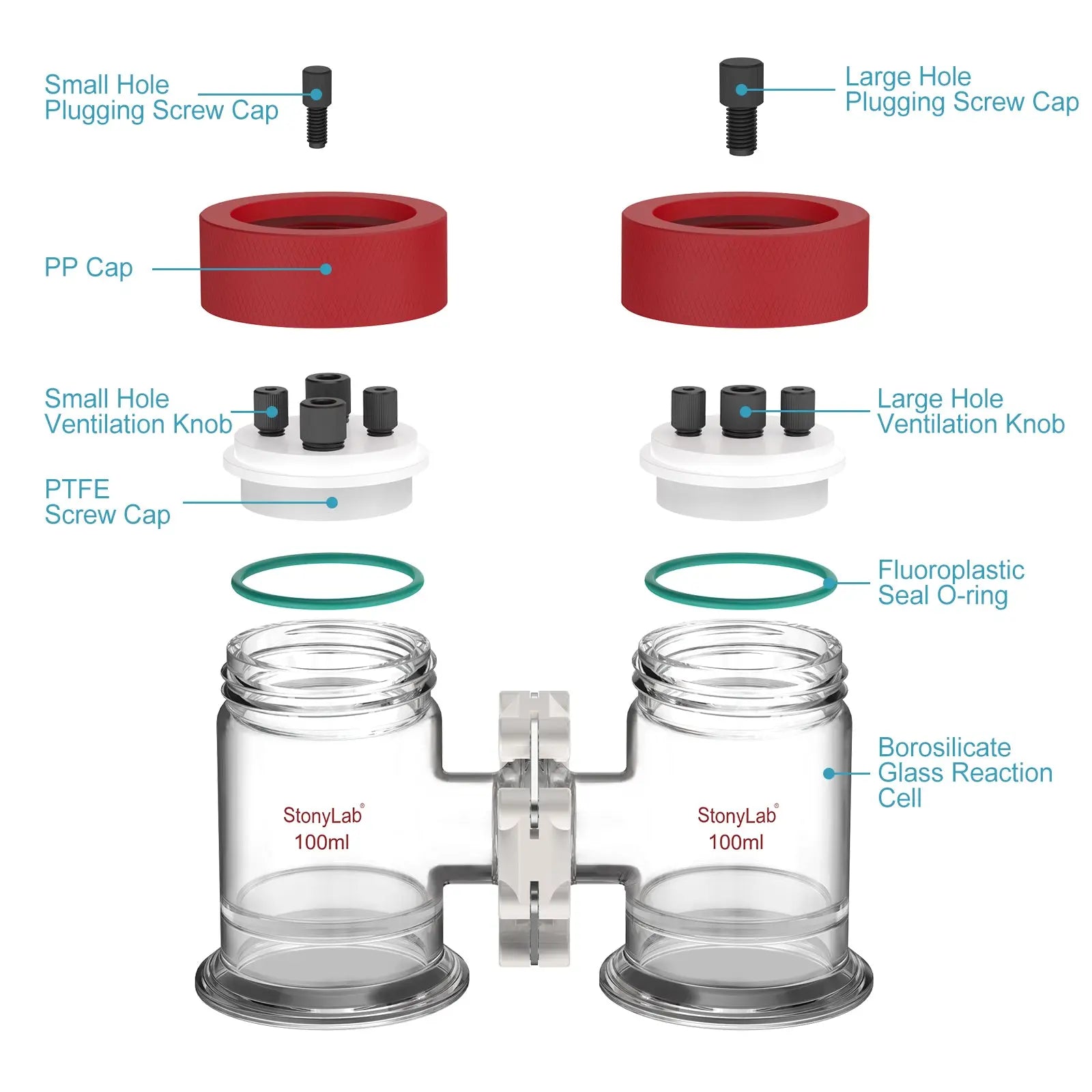 Divided H-cell electrochemical reactor 100 ml dual chamber electrolytic cell for water electrolysis electrosynthesis and three electrode system experiments StonyLab