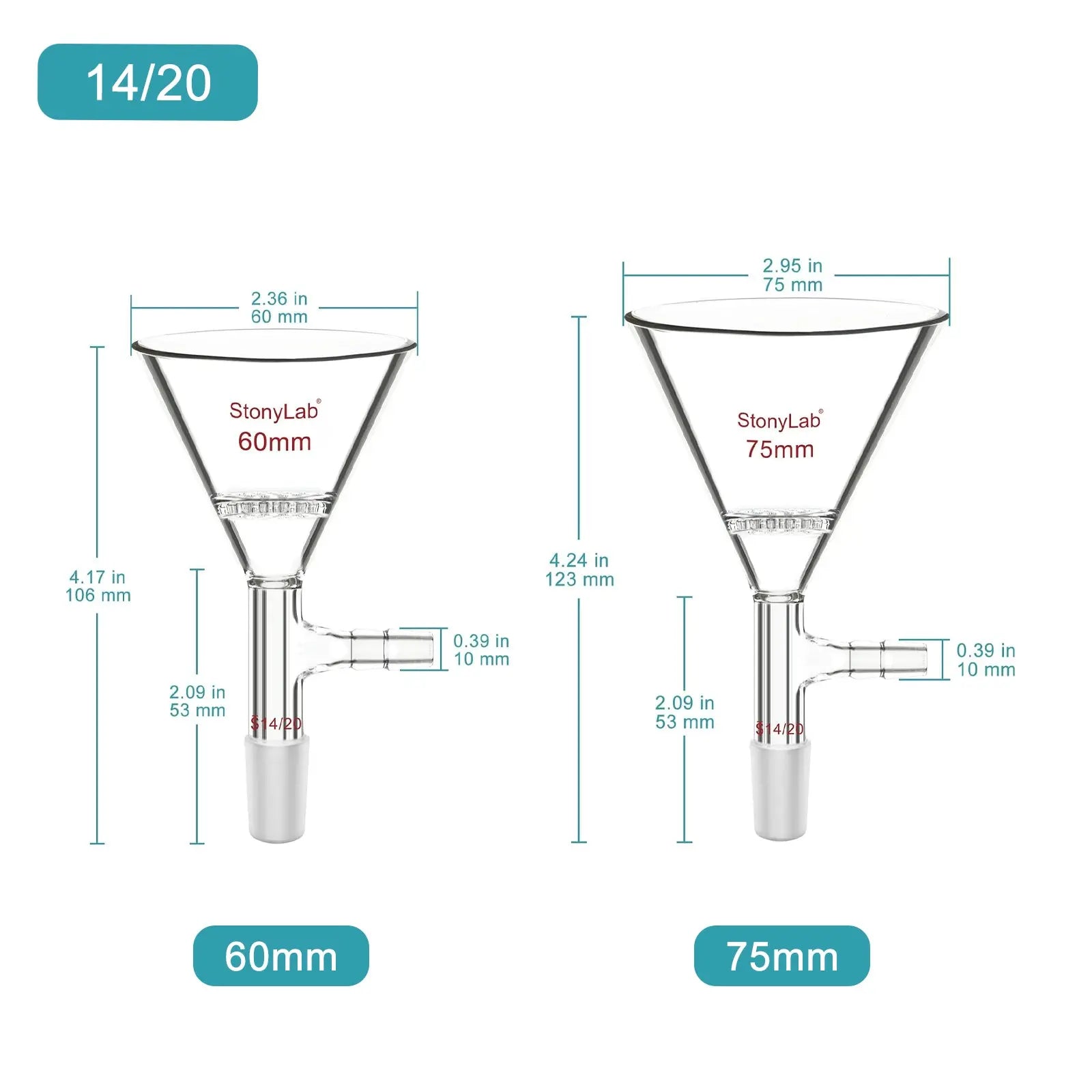 Side view and dimensional layout of the durable StonyLab Triangular Filtration Funnel