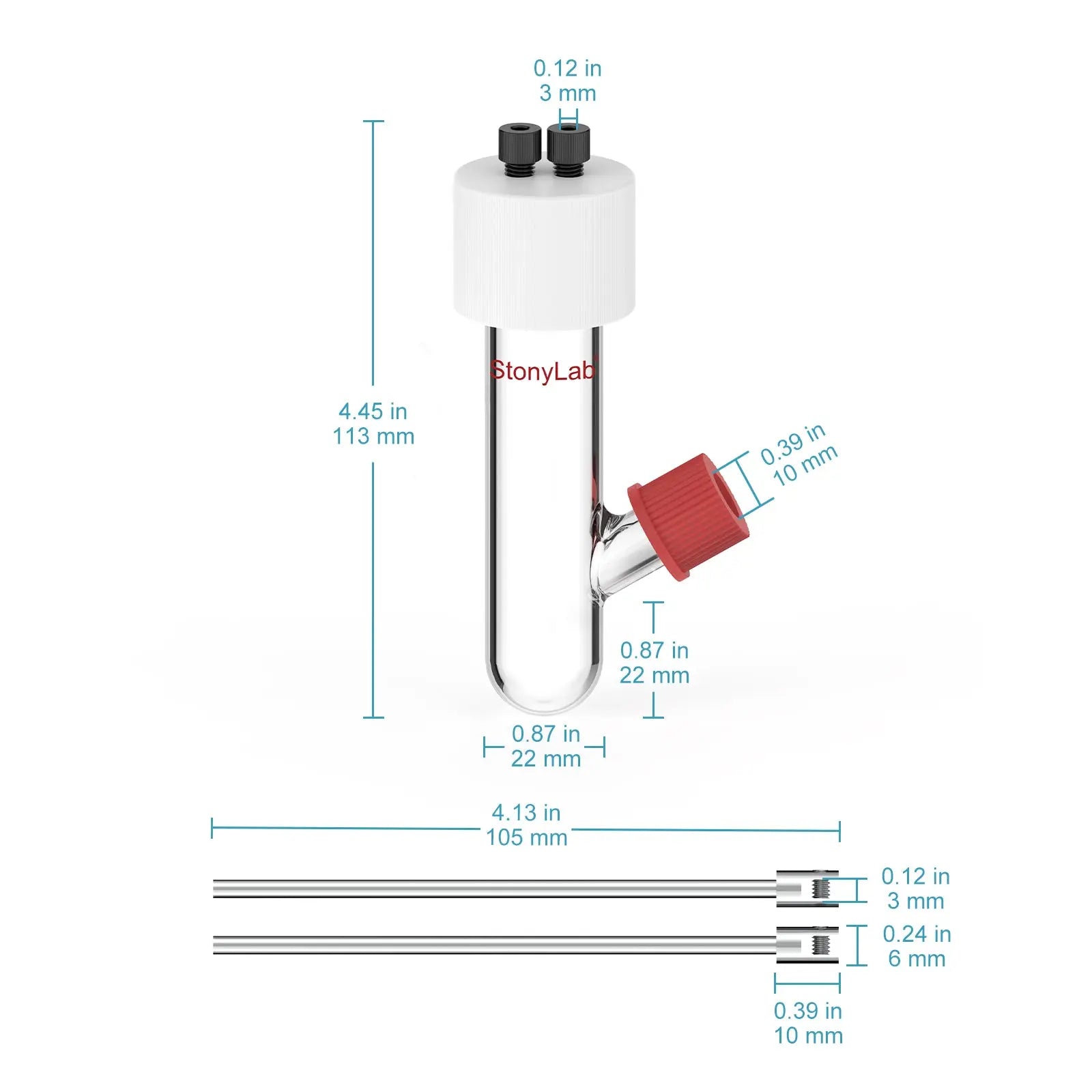 Side view and dimensional layout of the durable StonyLab Type II Sealed Tubular Electrolytic Cell