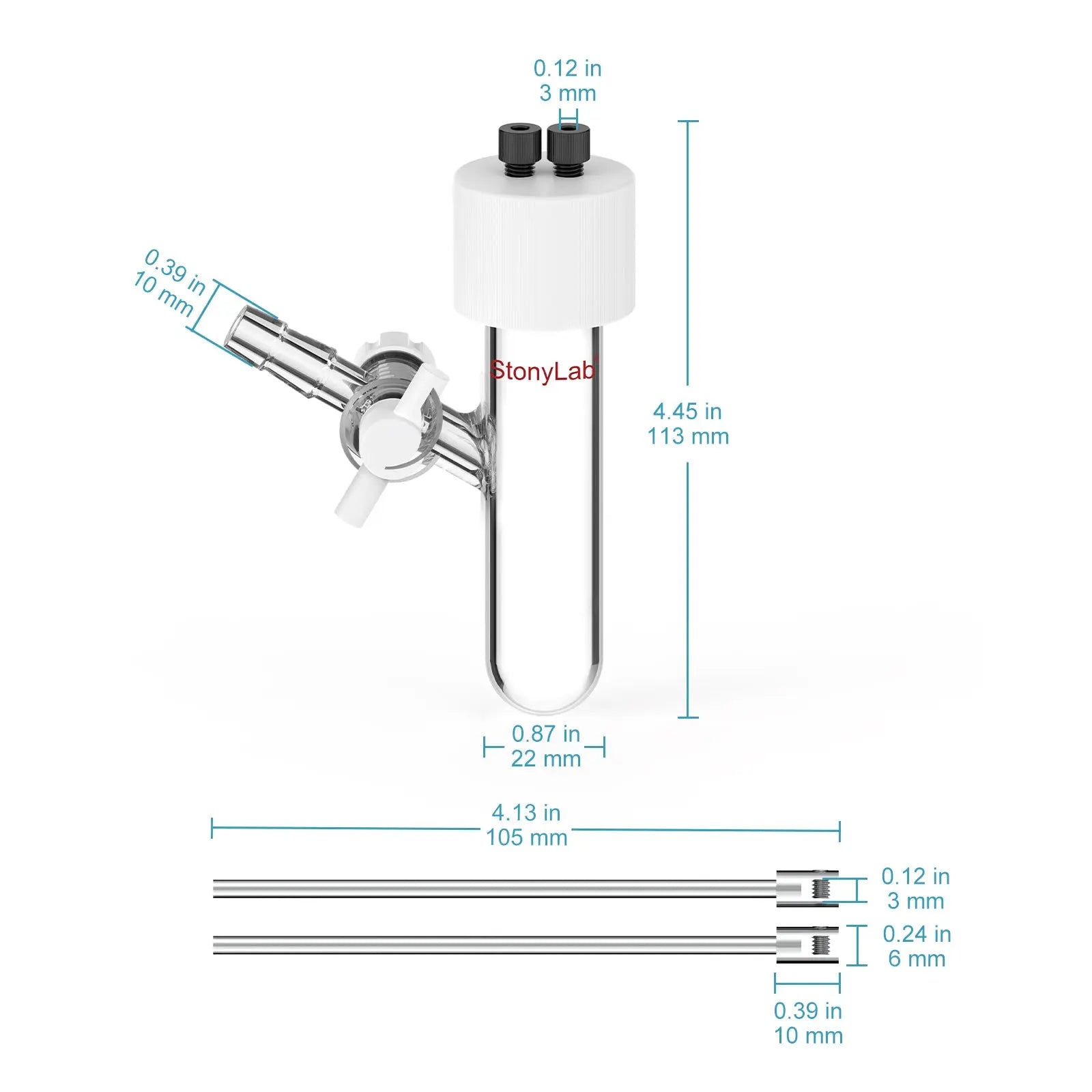 Close-up view showing the precise design and material of StonyLab Type III Sealed Tubular Electrolytic Cell