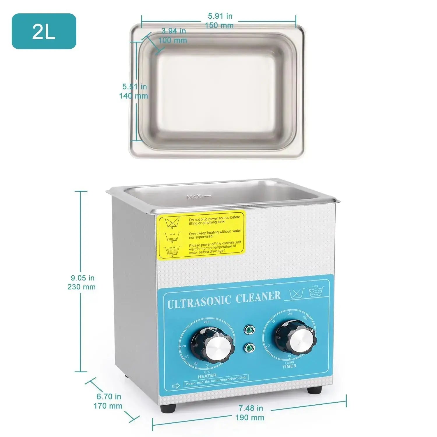 Side view and dimensional layout of the durable StonyLab Ultrasonic Cleaner