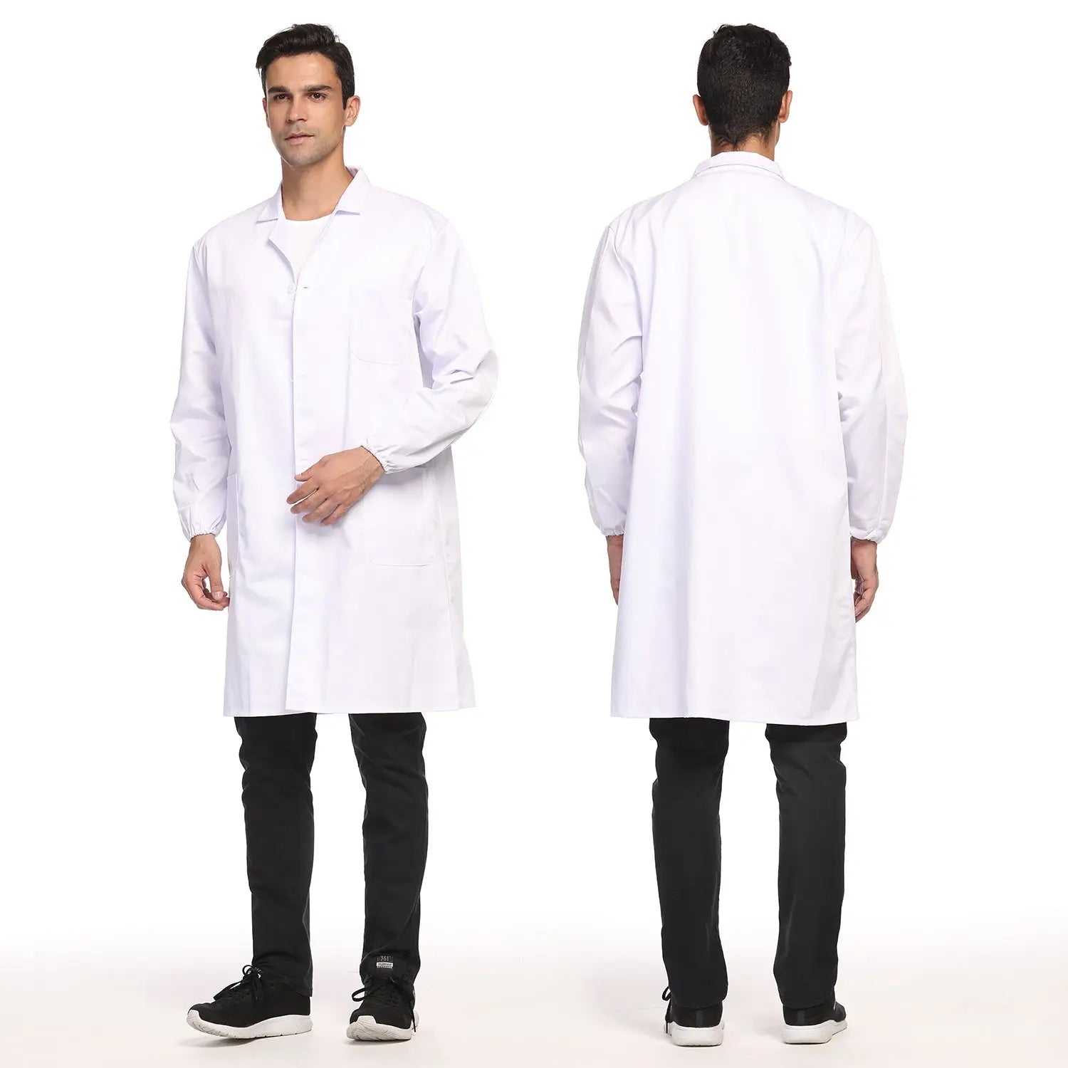 Side view and dimensional layout of the durable StonyLab Unisex Full-Length Lab Coat - 3 Pockets
